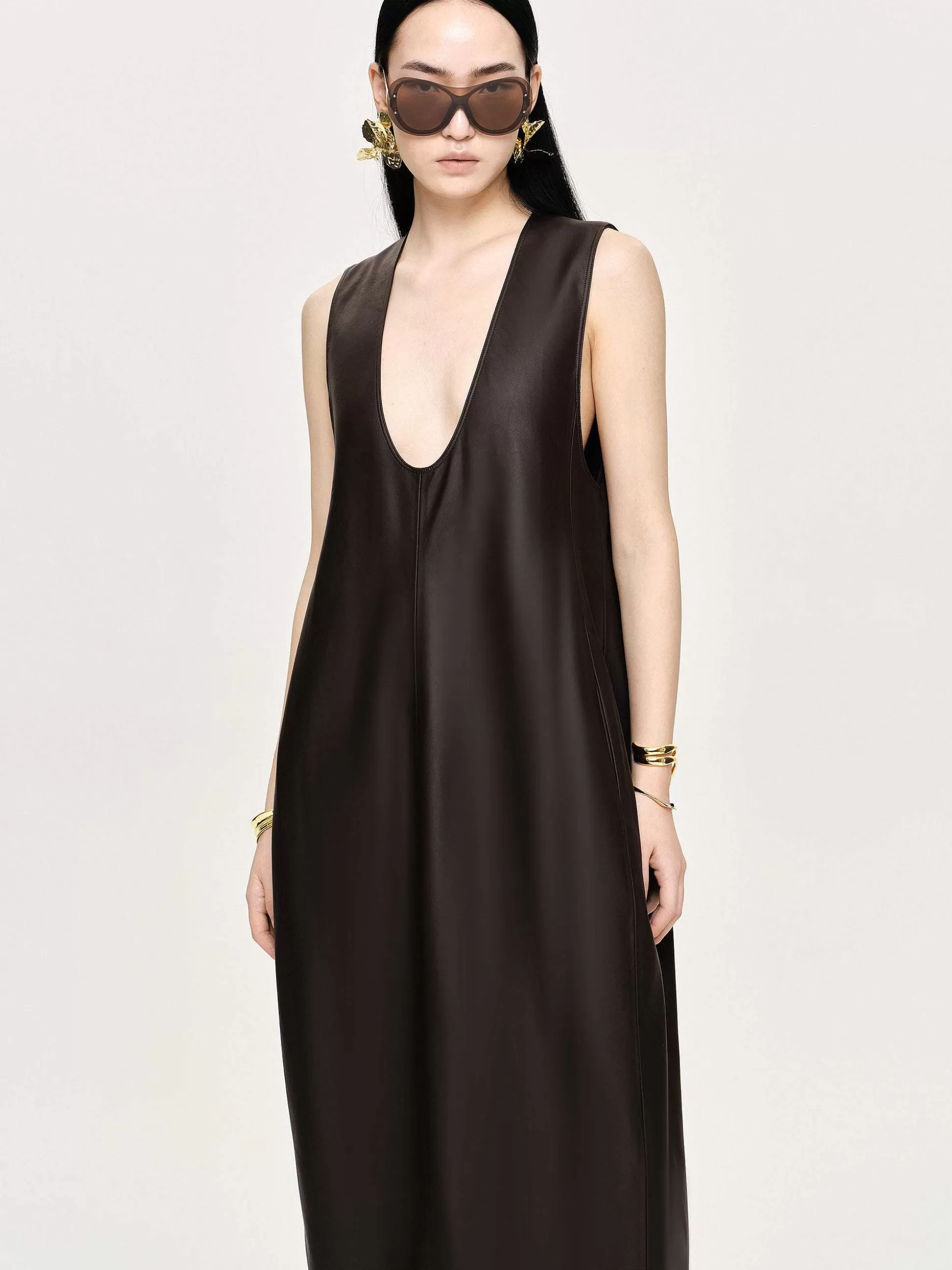 Women Source Unknown Clothing-Adua Faux Leather Maxi Dress, Chocolate