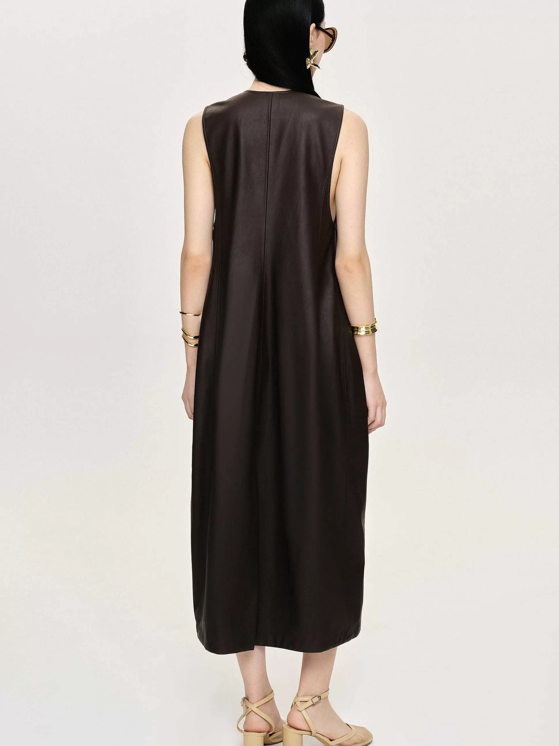 Women Source Unknown Dresses-Adua Faux Leather Maxi Dress, Chocolate