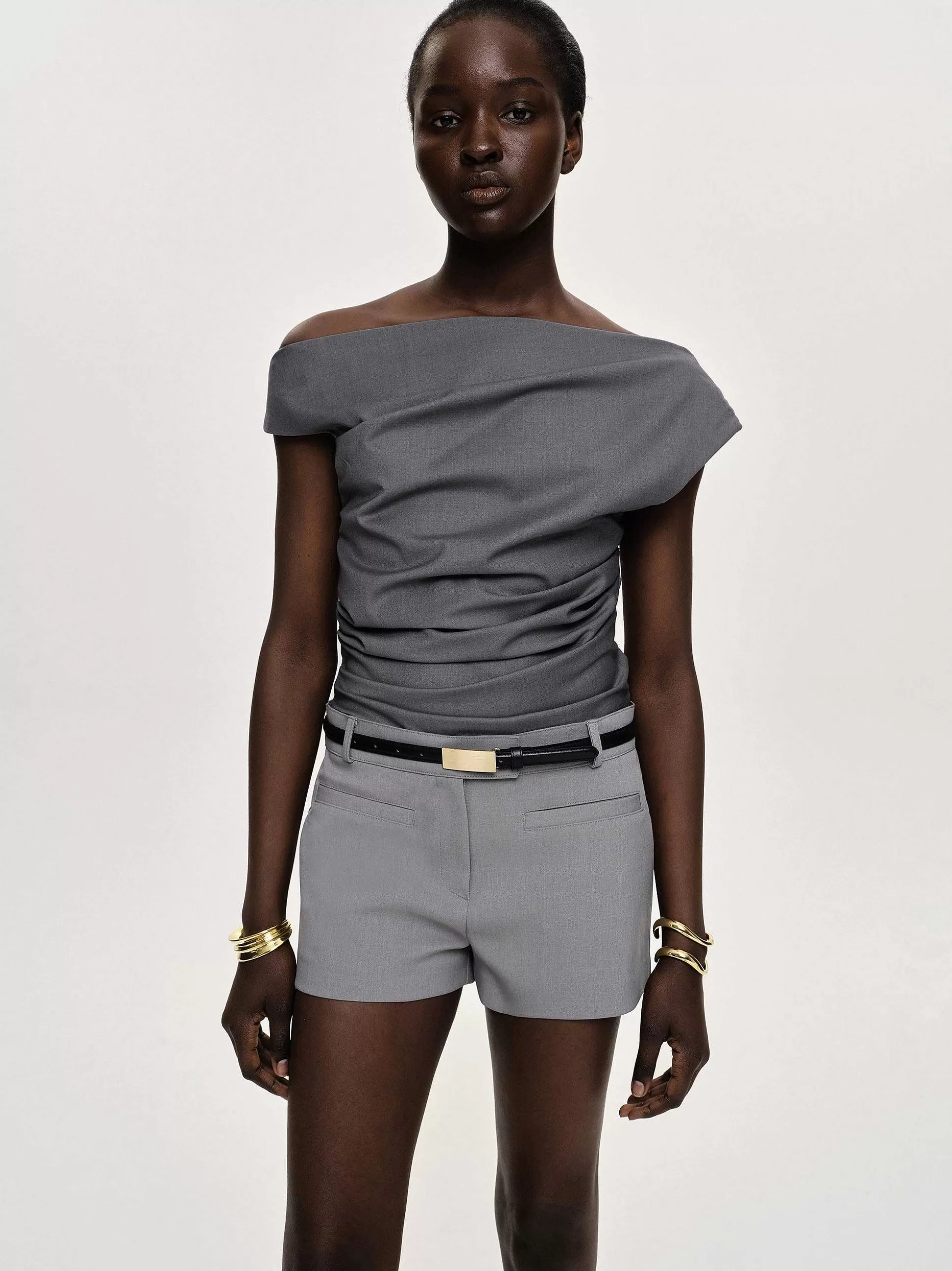 Women Source Unknown Clothing-Asymmetric Draped Top, Charcoal