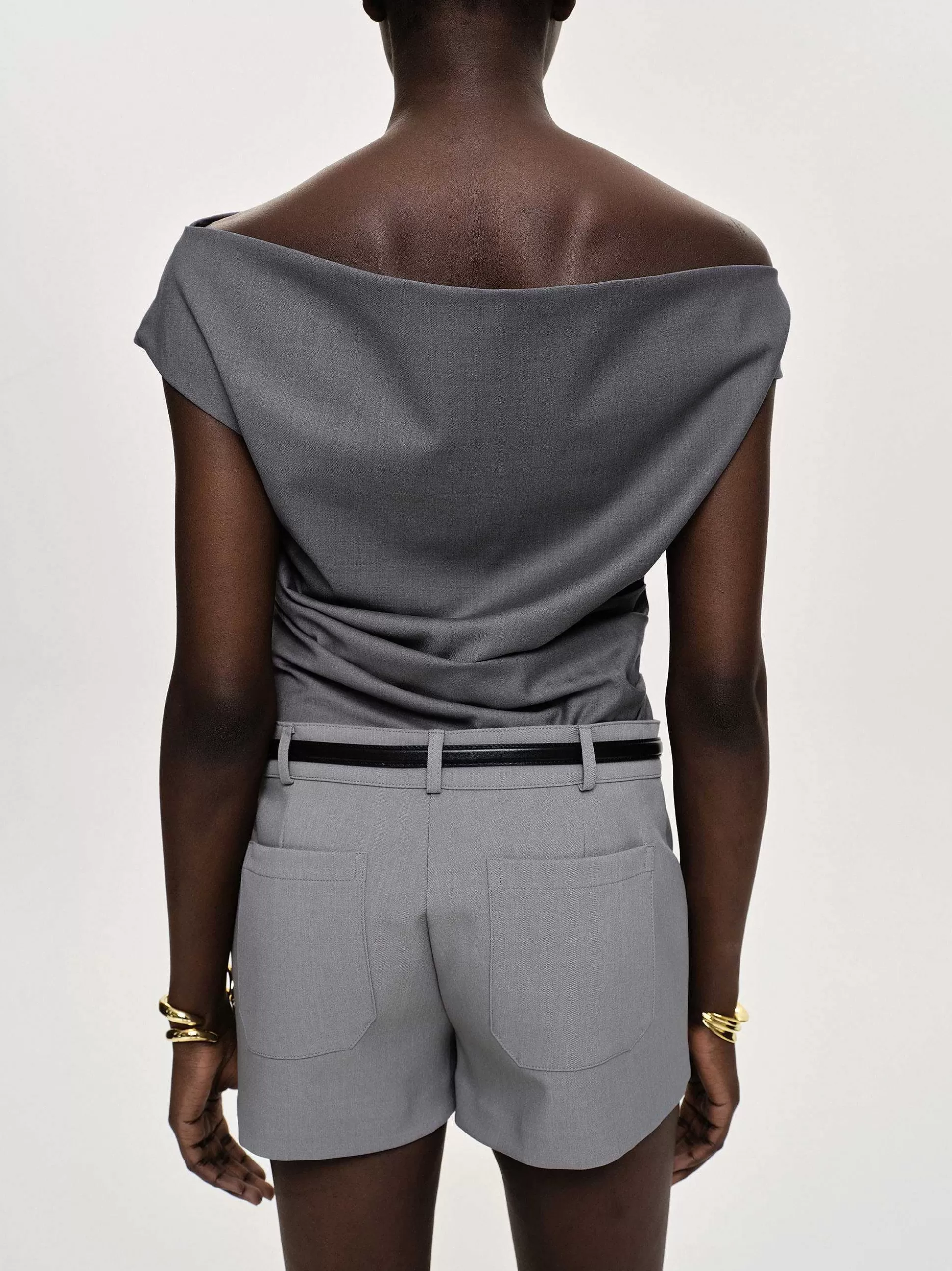 Women Source Unknown Clothing-Asymmetric Draped Top, Charcoal