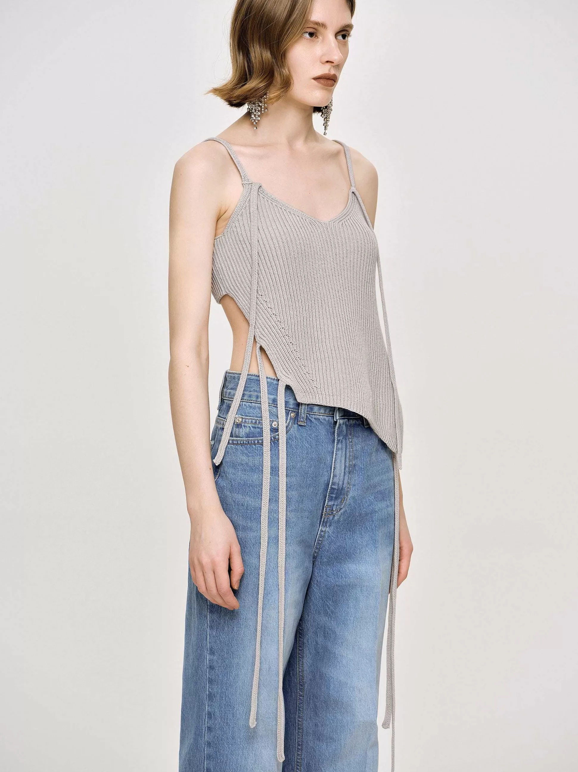 Women Source Unknown Clothing-Asymmetric Knit Tank Top, Fossil Grey
