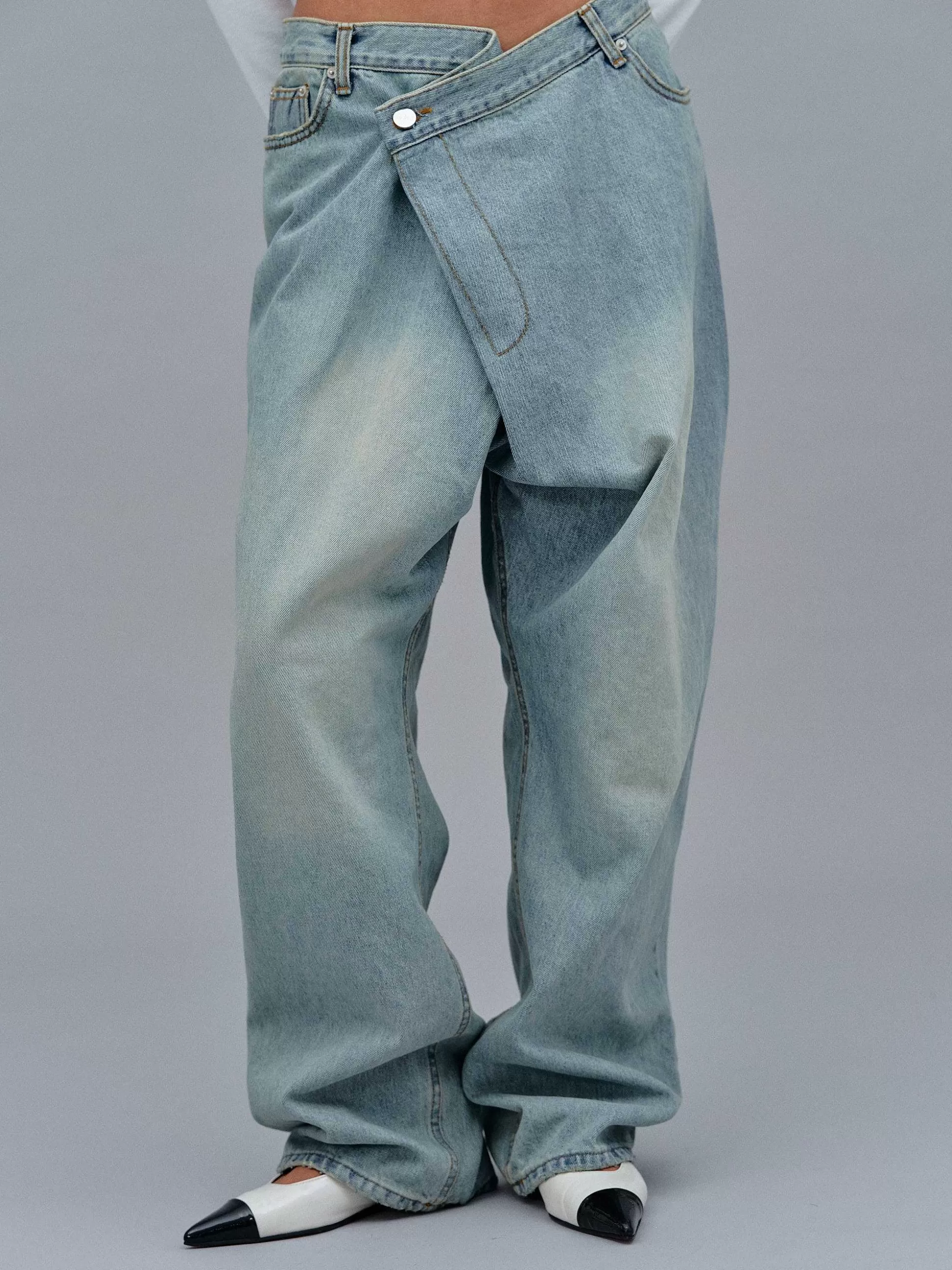 Women Source Unknown Clothing-Asymmetric Wrap Faded Jeans, Stone Wash