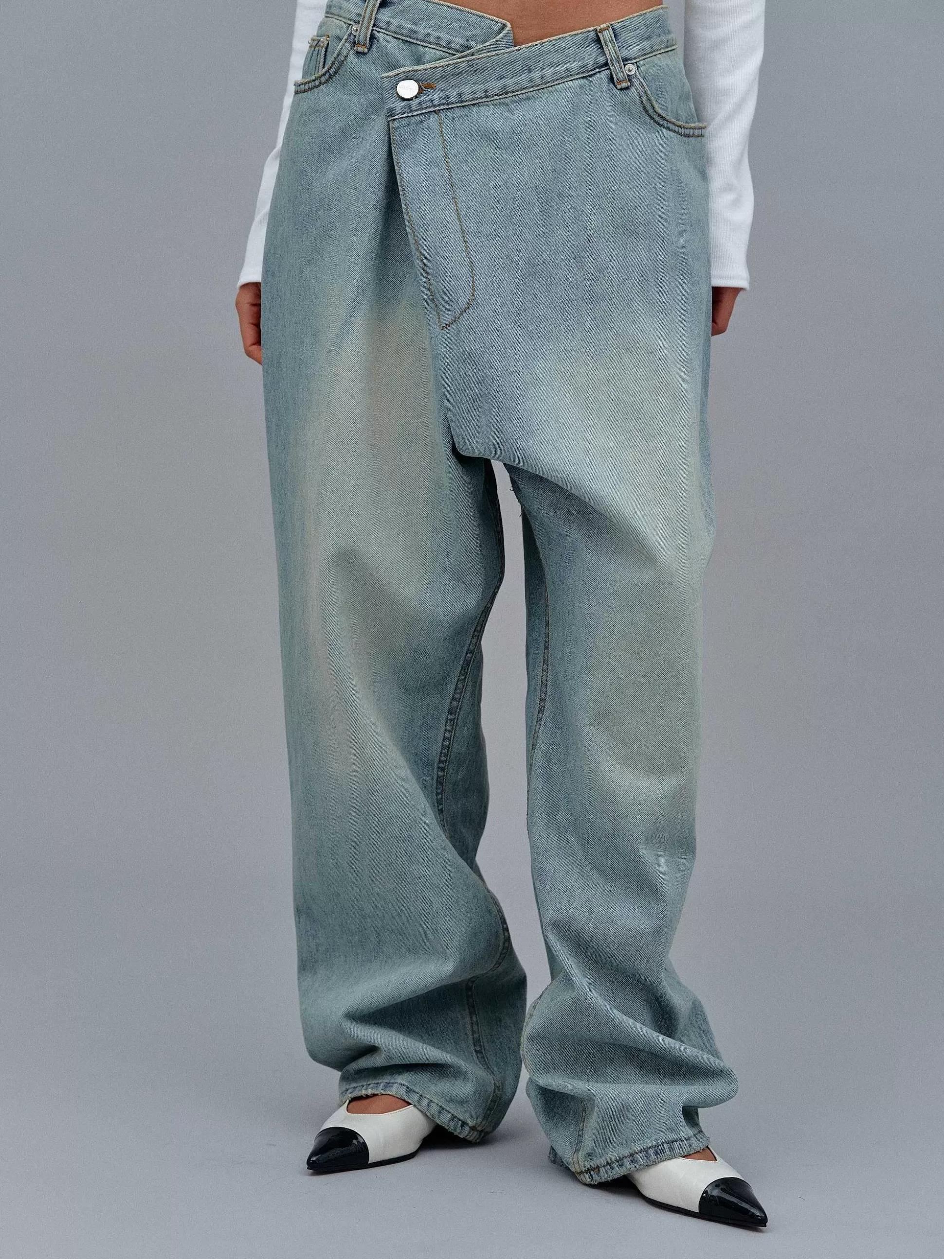 Women Source Unknown Clothing-Asymmetric Wrap Faded Jeans, Stone Wash