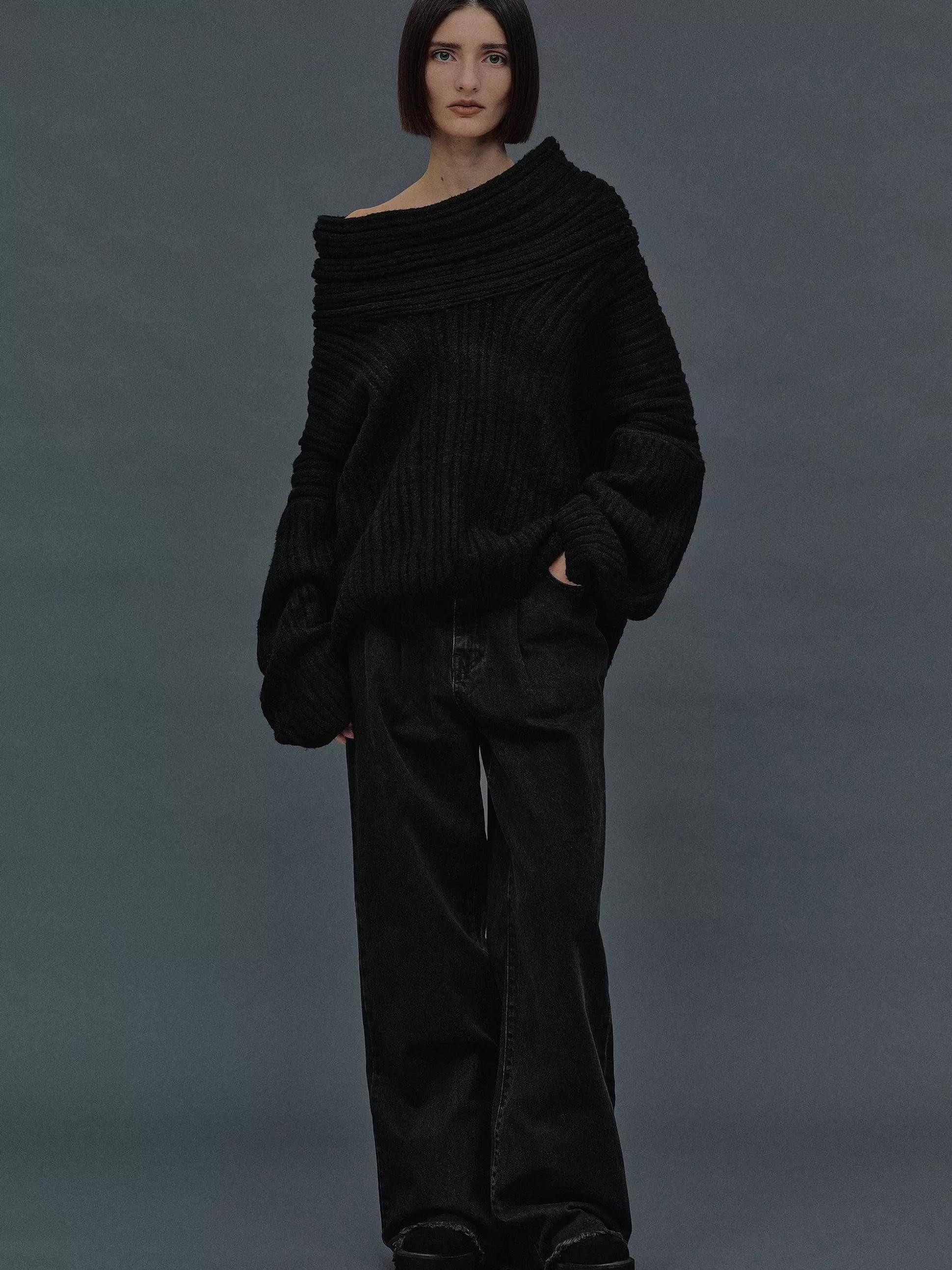 Women Source Unknown Accessories-Becca Oversized High Roll Knit Pullover, Black