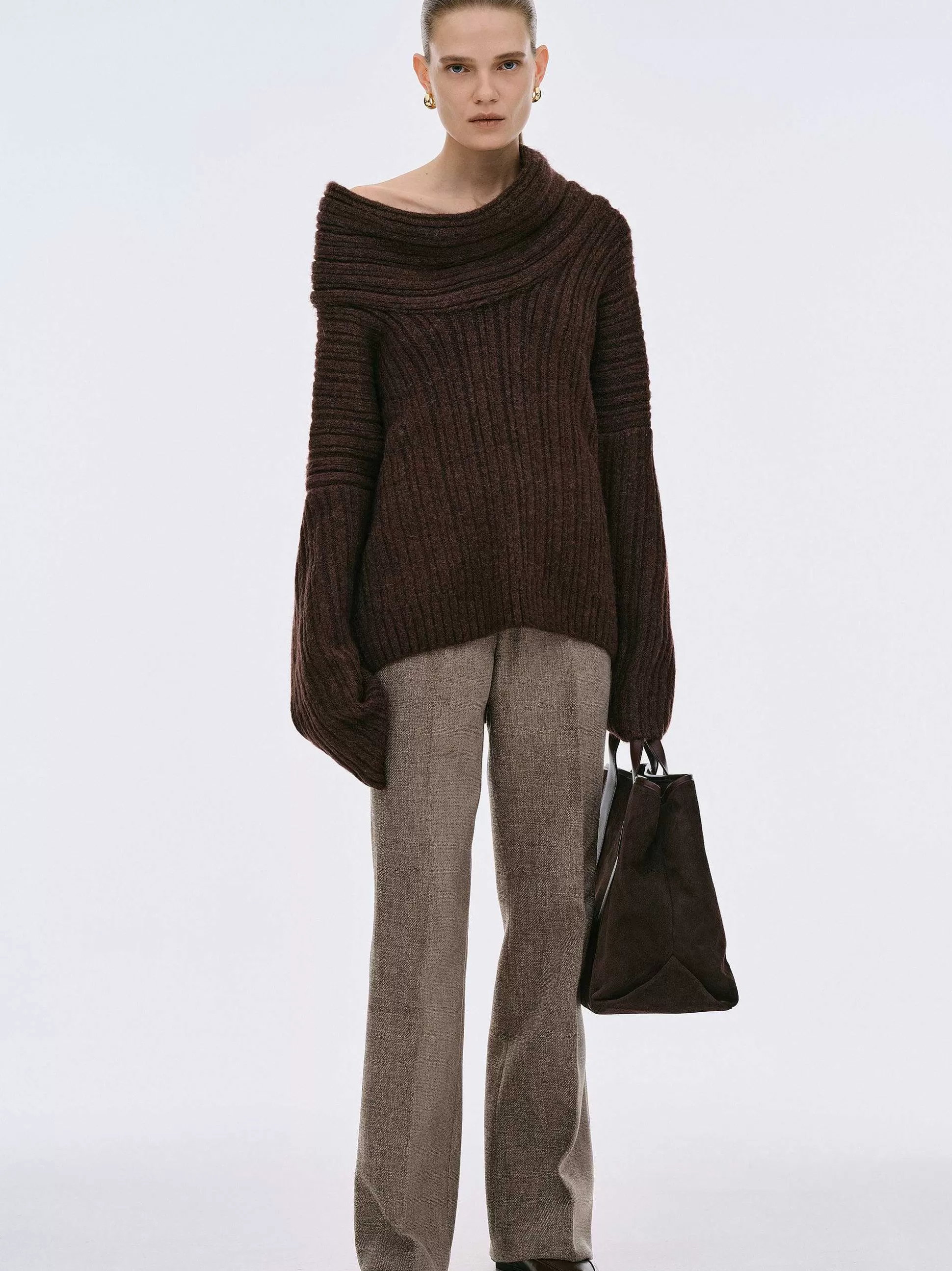 Women Source Unknown Accessories-Becca Oversized High Roll Knit Pullover, Chocolate