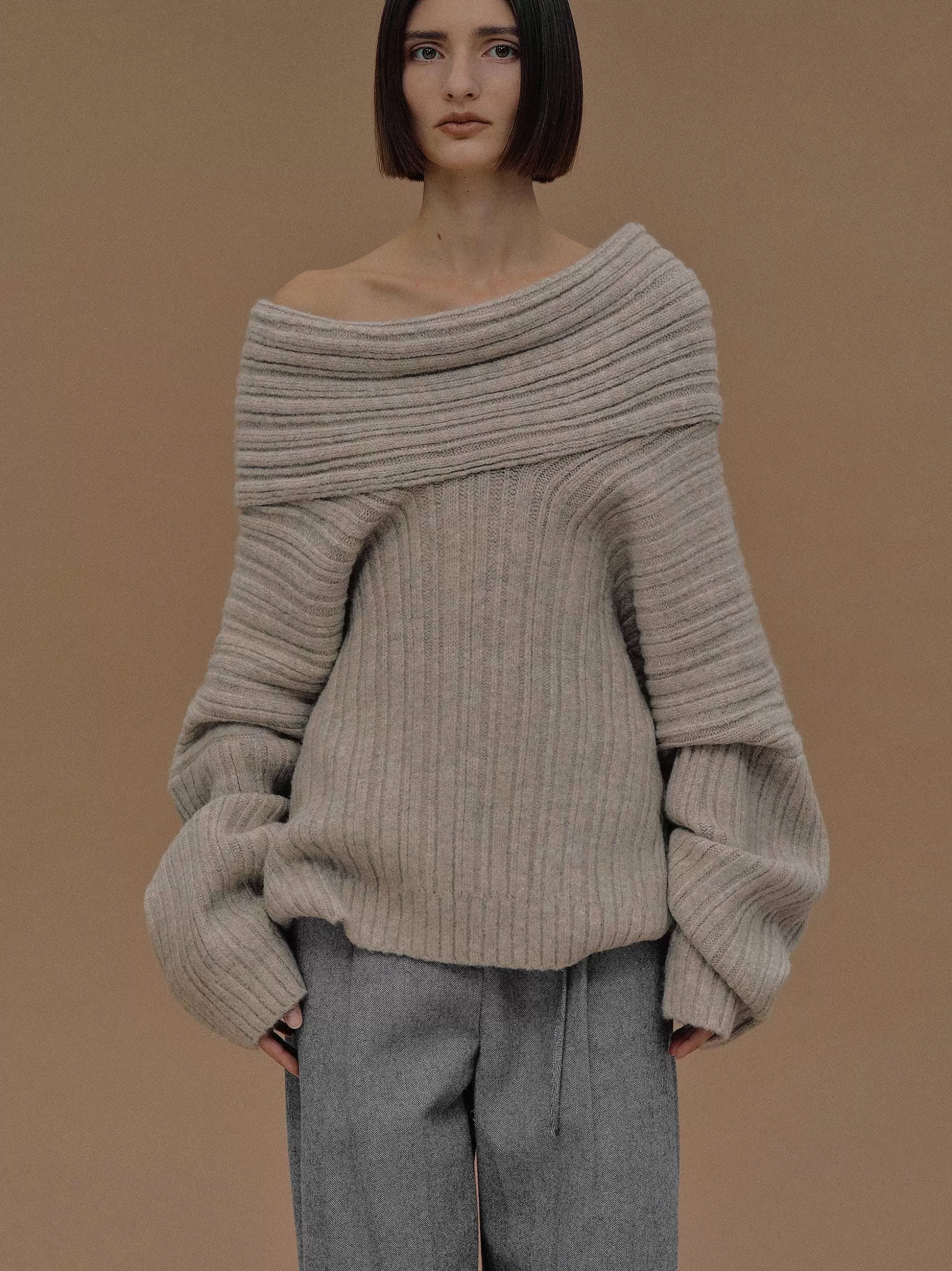 Women Source Unknown Accessories-Becca Oversized High Roll Knit Pullover, Coconut
