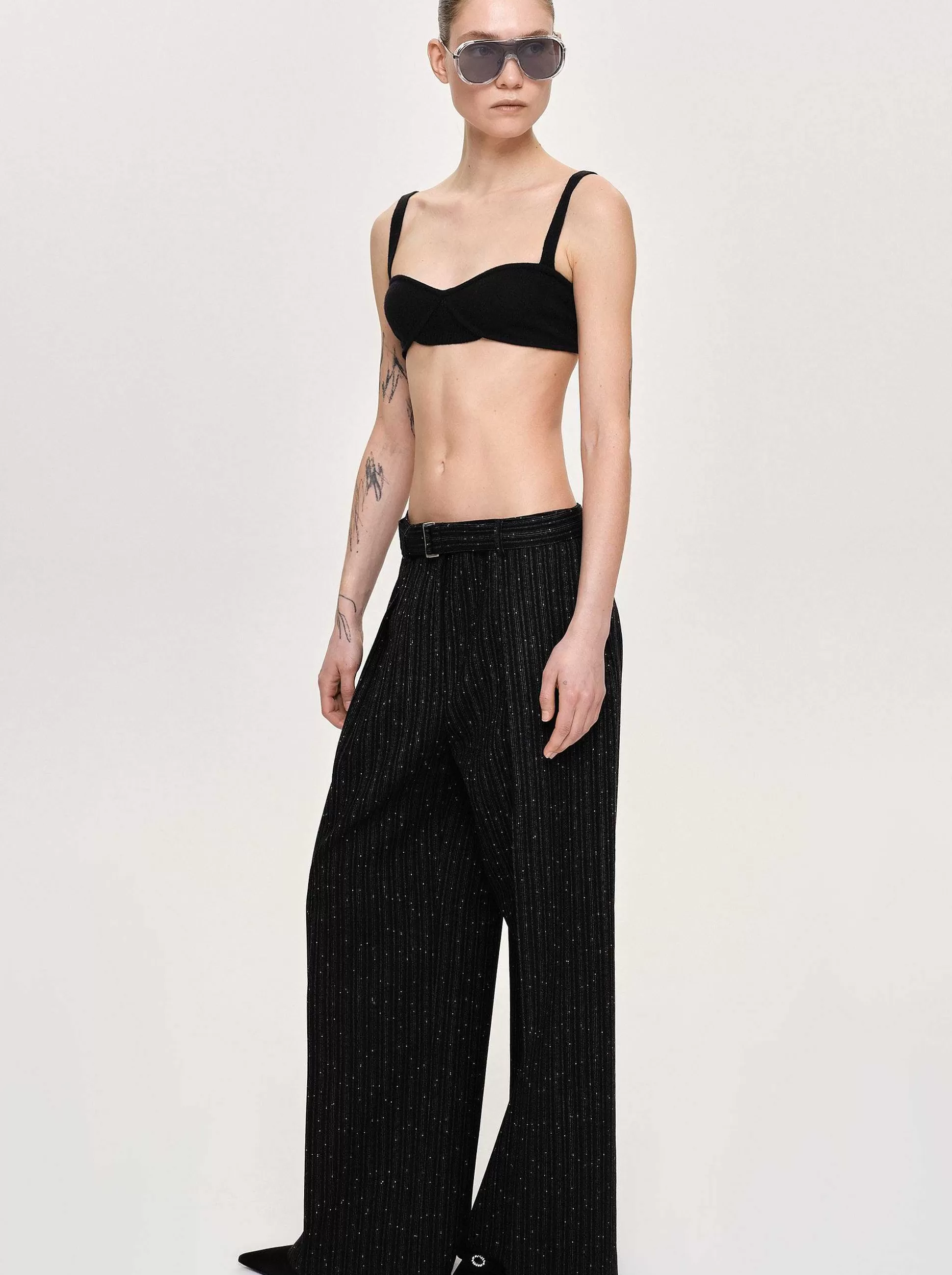 Women Source Unknown Bottoms-Belted Suit Trousers, Black Stripe