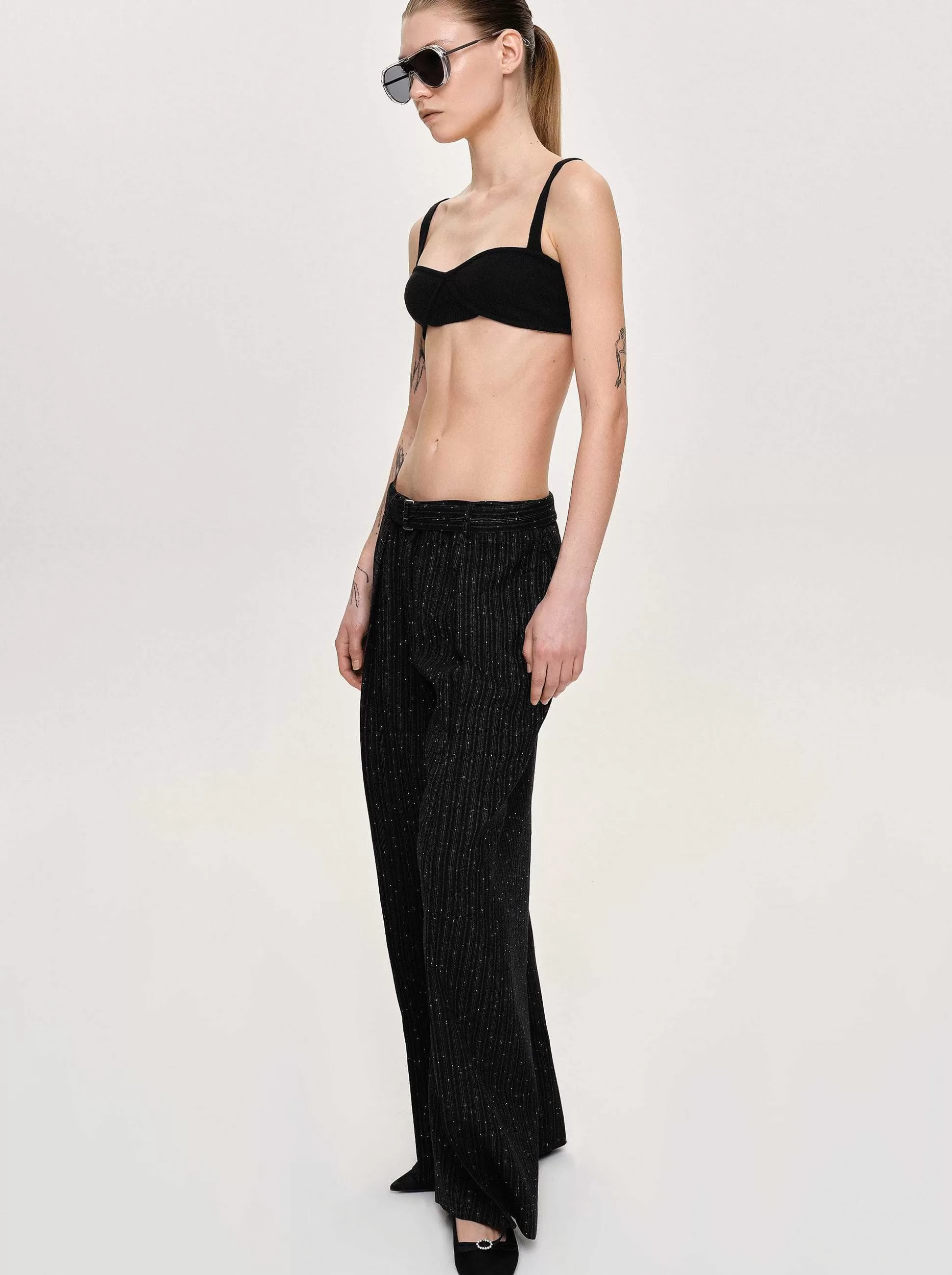 Women Source Unknown Clothing-Belted Suit Trousers, Black Stripe