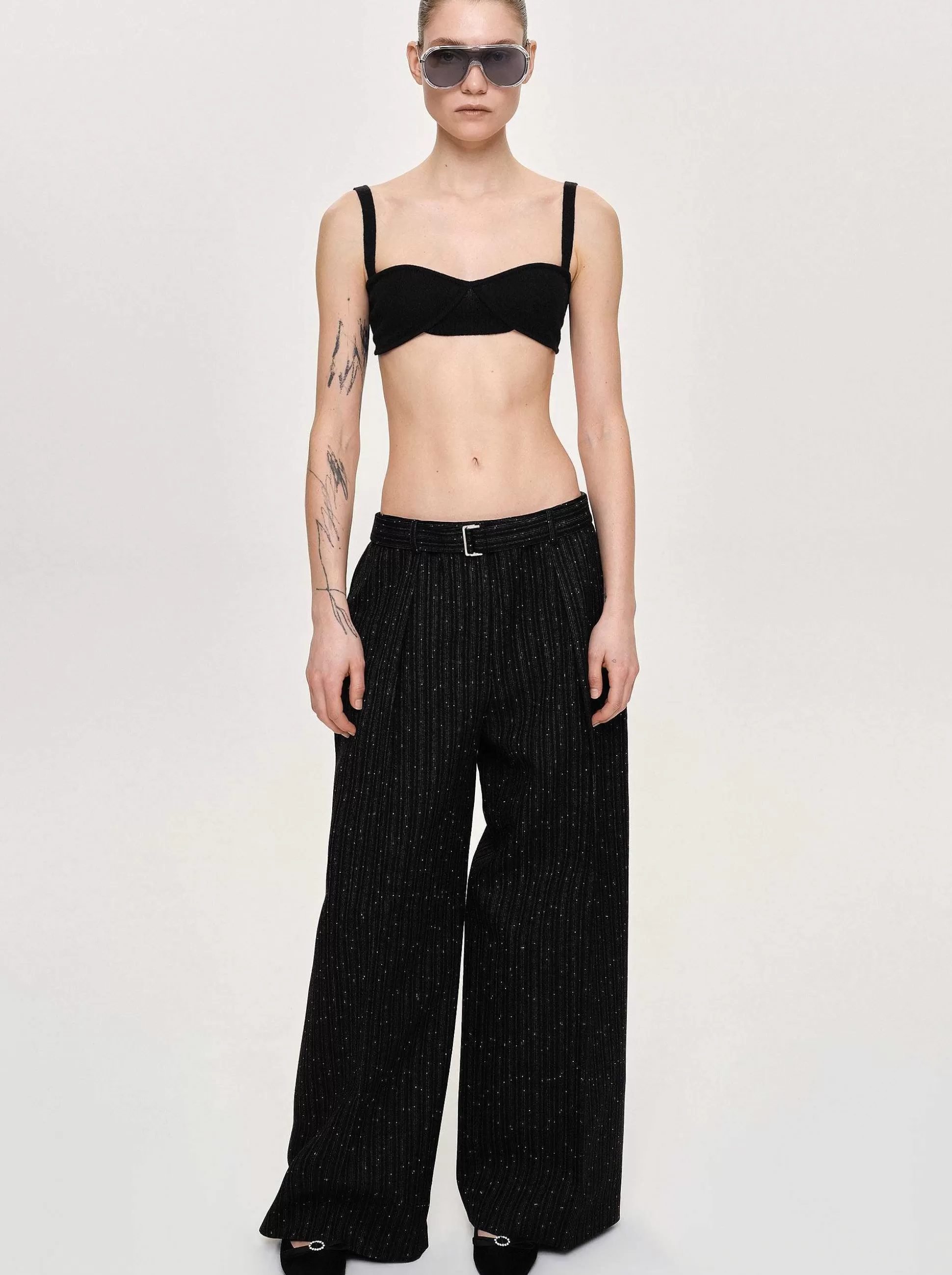 Women Source Unknown Bottoms-Belted Suit Trousers, Black Stripe
