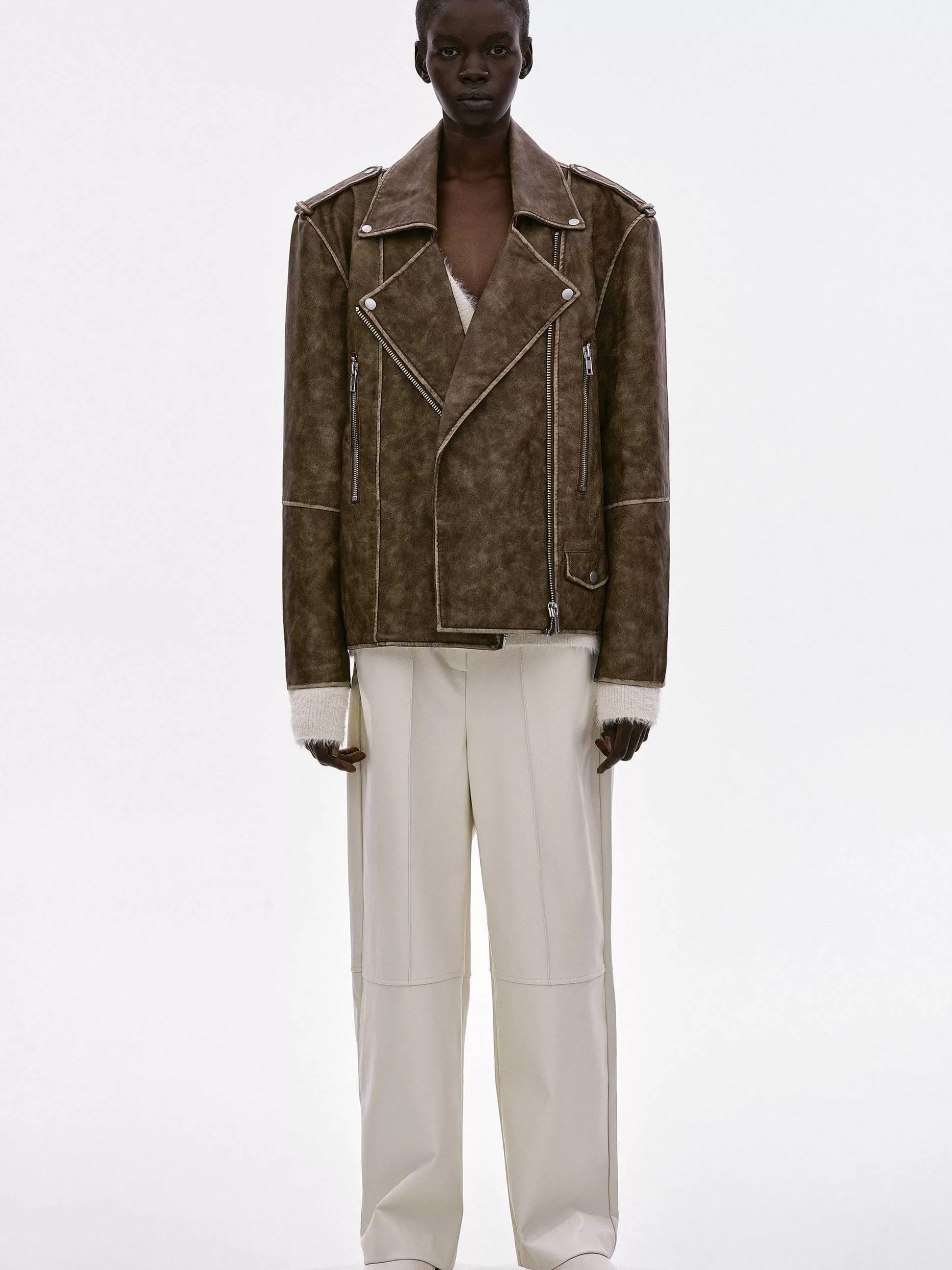 Women Source Unknown Accessories-Bianca Faux Leather Biker Jacket, Washed Brown