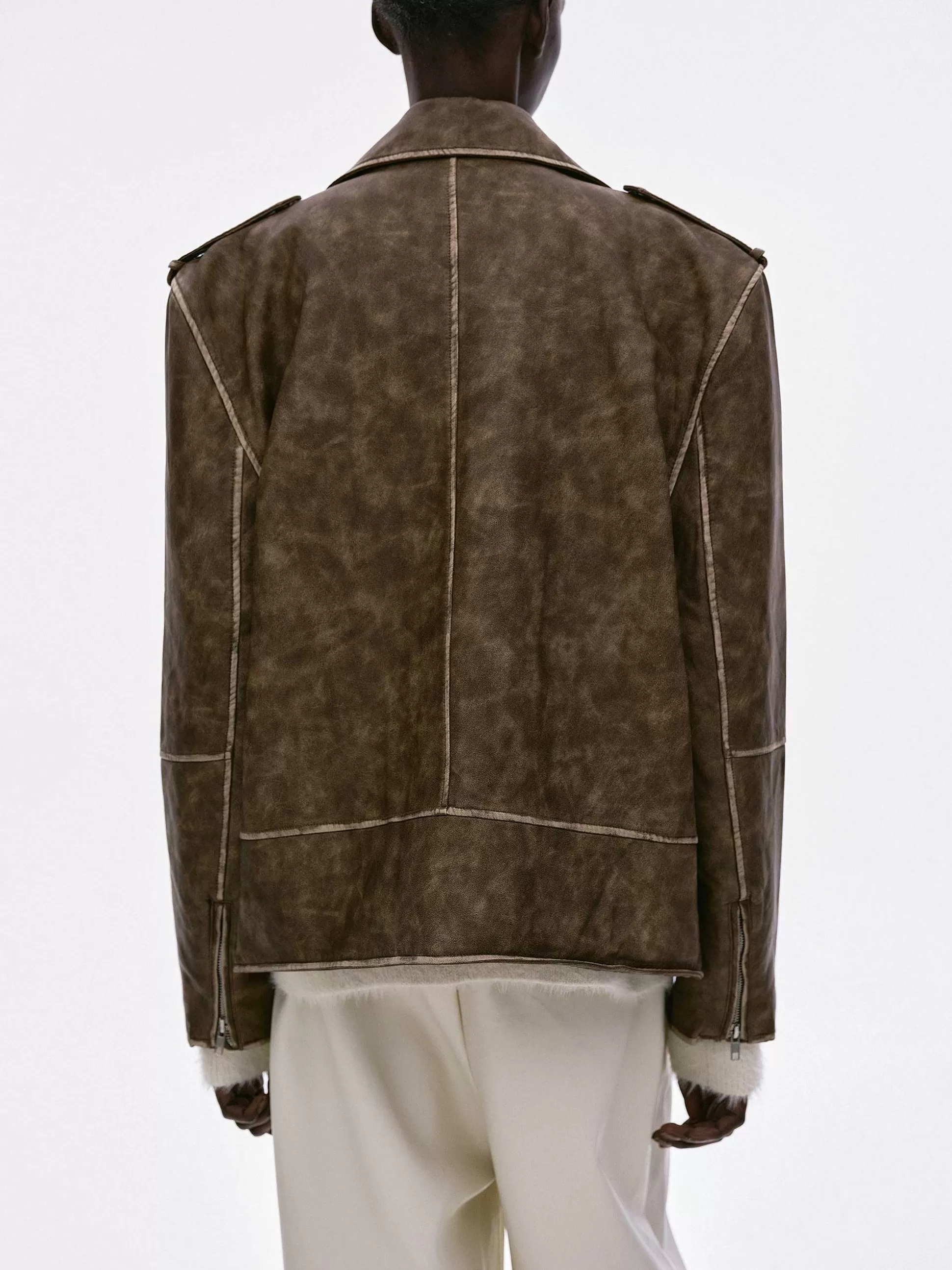 Women Source Unknown Accessories-Bianca Faux Leather Biker Jacket, Washed Brown