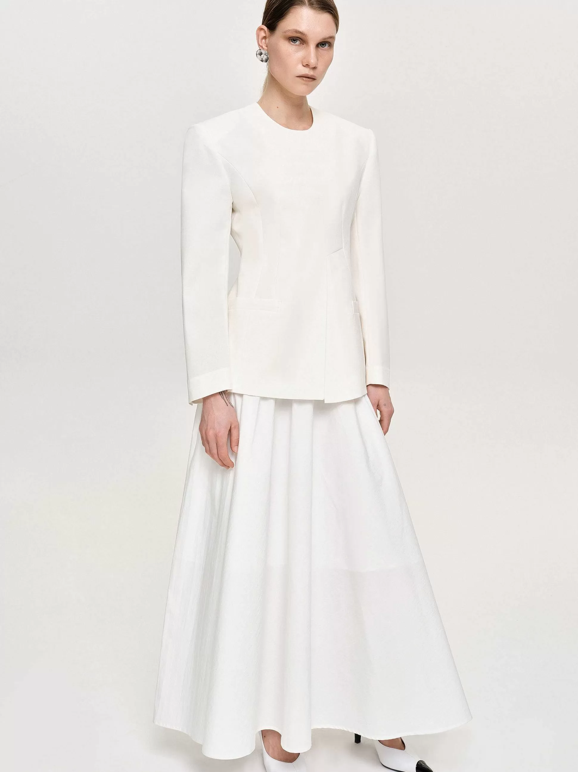Women Source Unknown Accessories-Cinched Waist Split Jacket, Ivory