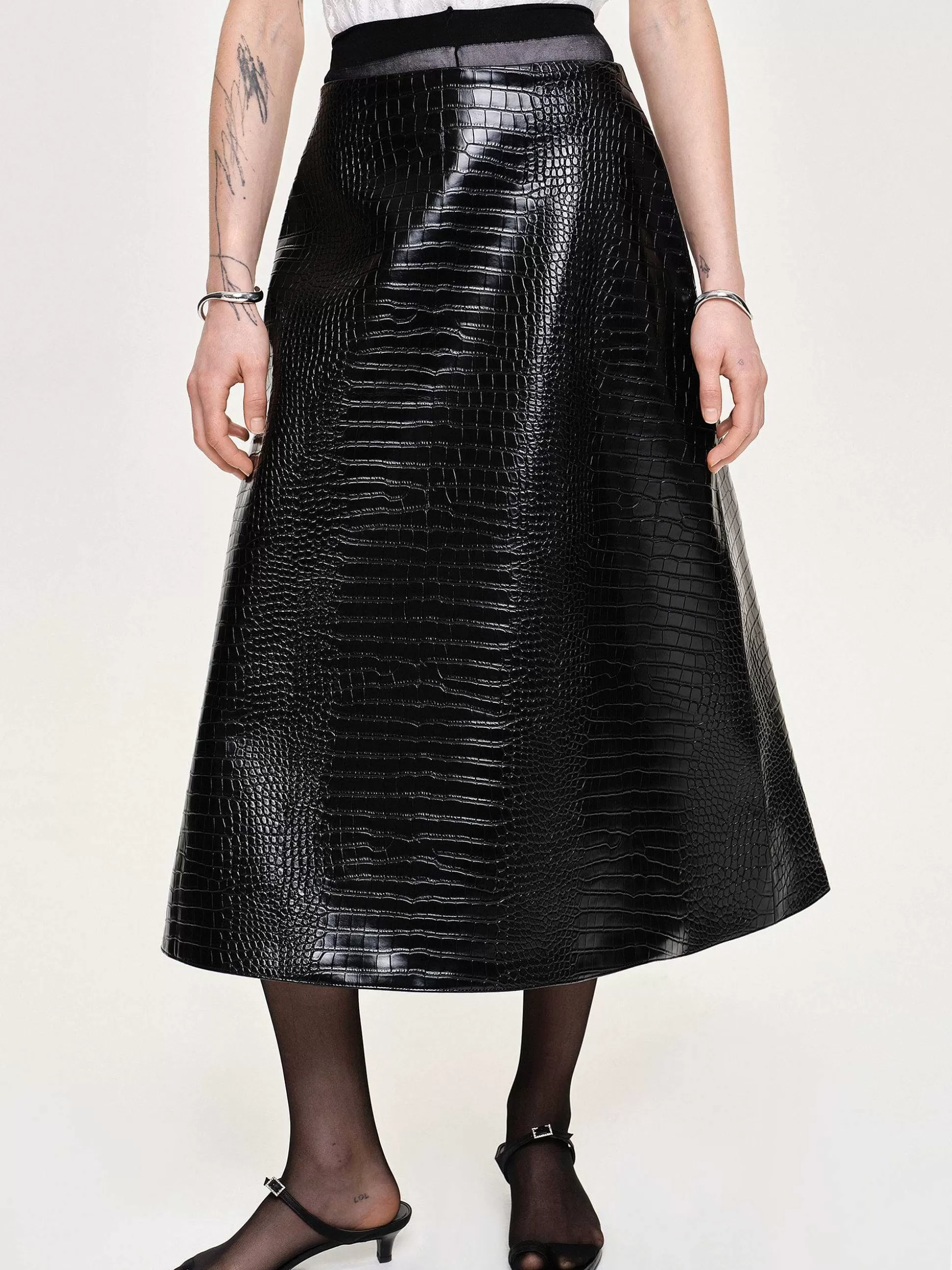 Women Source Unknown Bottoms-Croc-Embossed Midi Skirt, Black