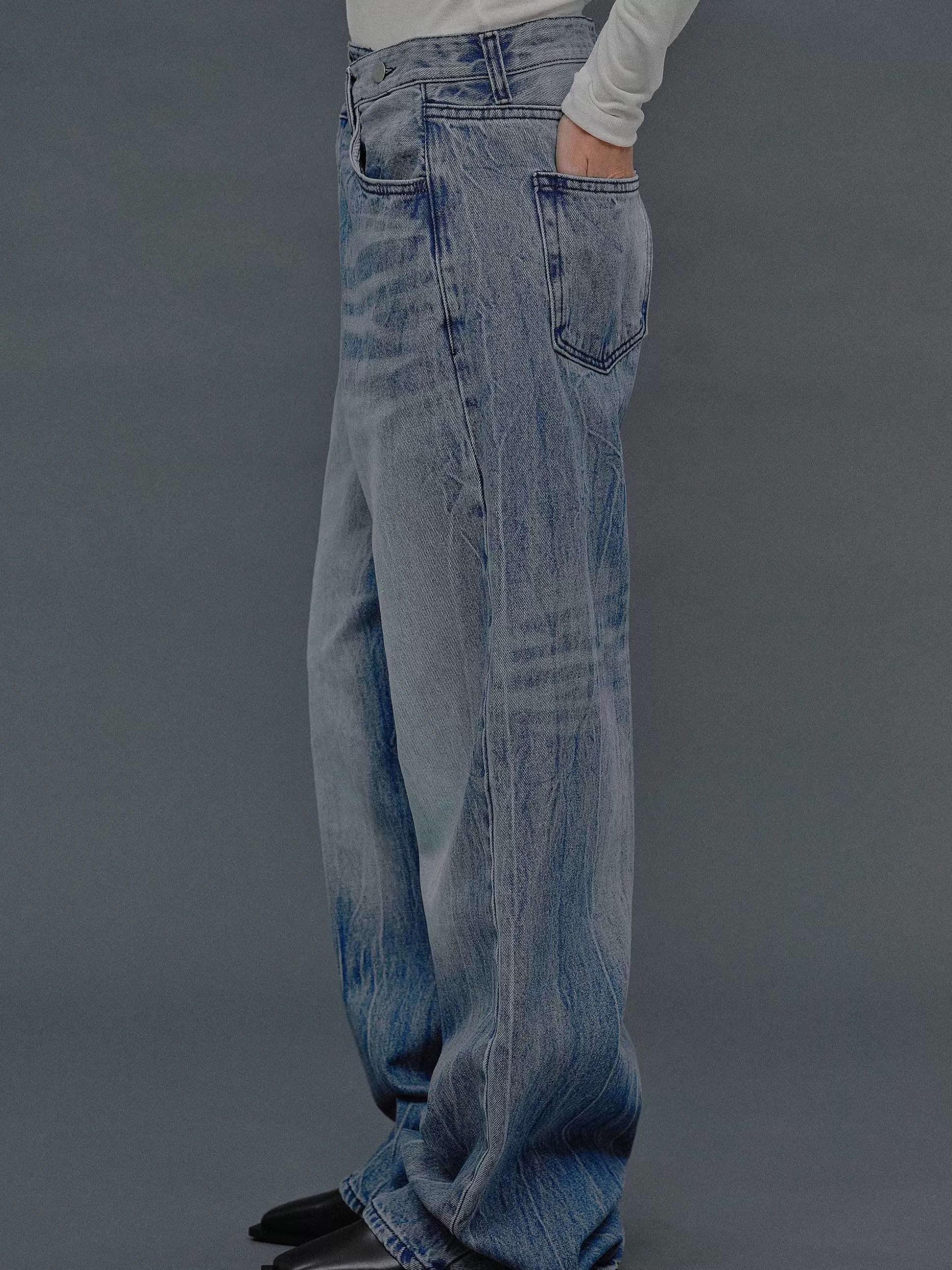 Women Source Unknown Clothing-Deconstructed Crossover Jeans, Medium Blue