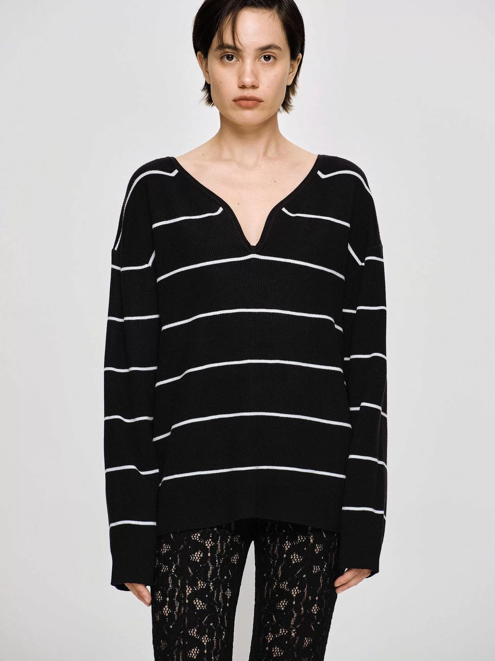Women Source Unknown Knitwear-Deep V-Neck Sweater, Black