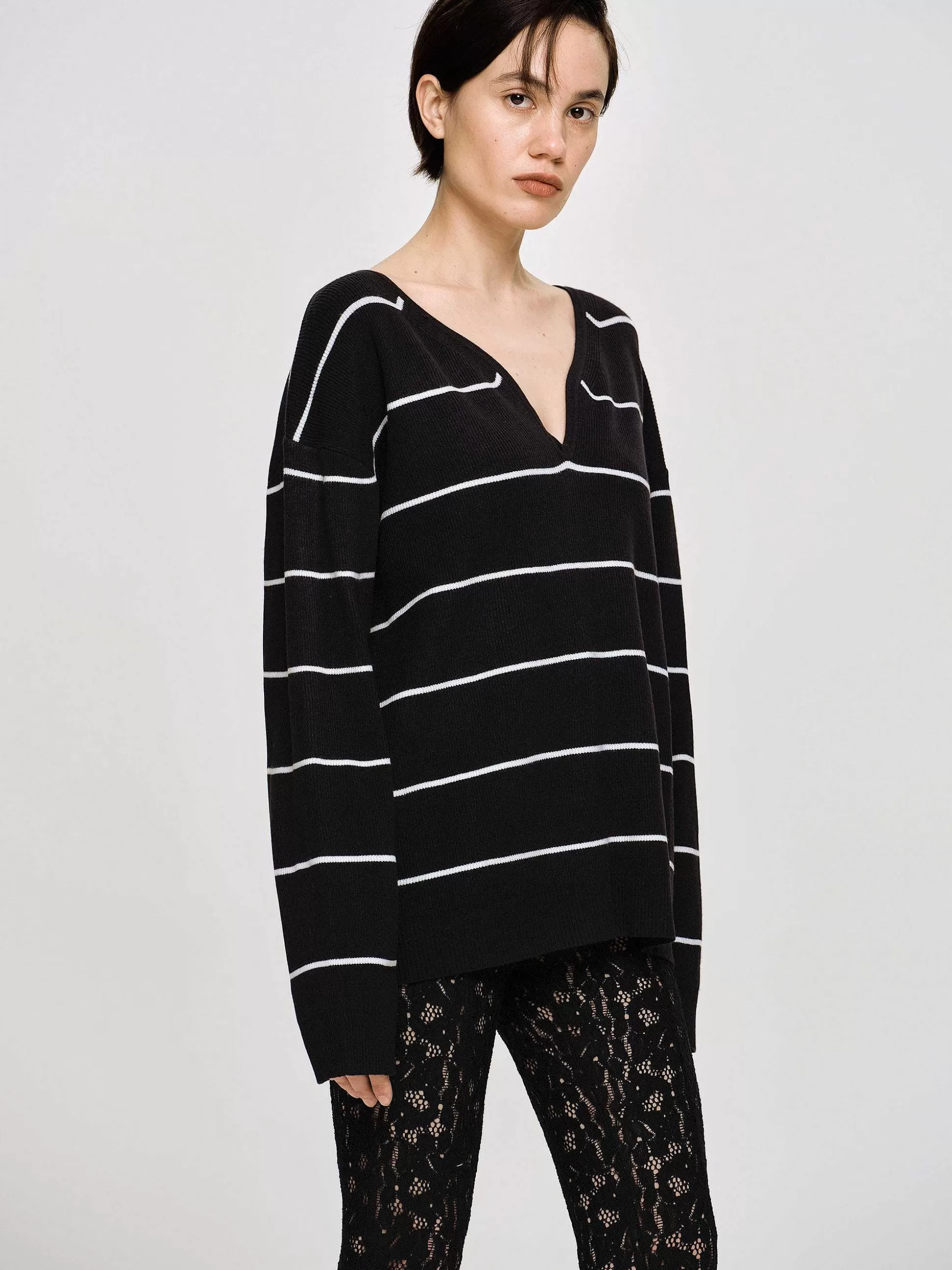 Women Source Unknown Clothing-Deep V-Neck Sweater, Black