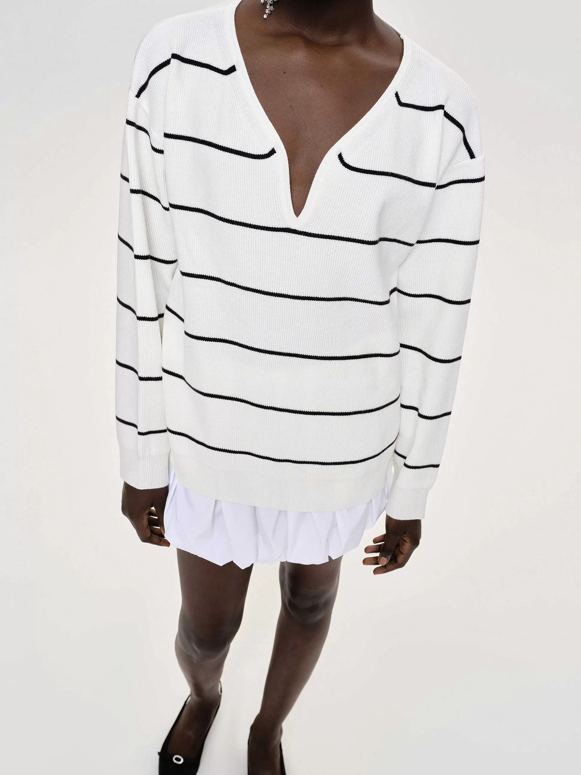 Women Source Unknown Clothing-Deep V-Neck Sweater, White Stripe