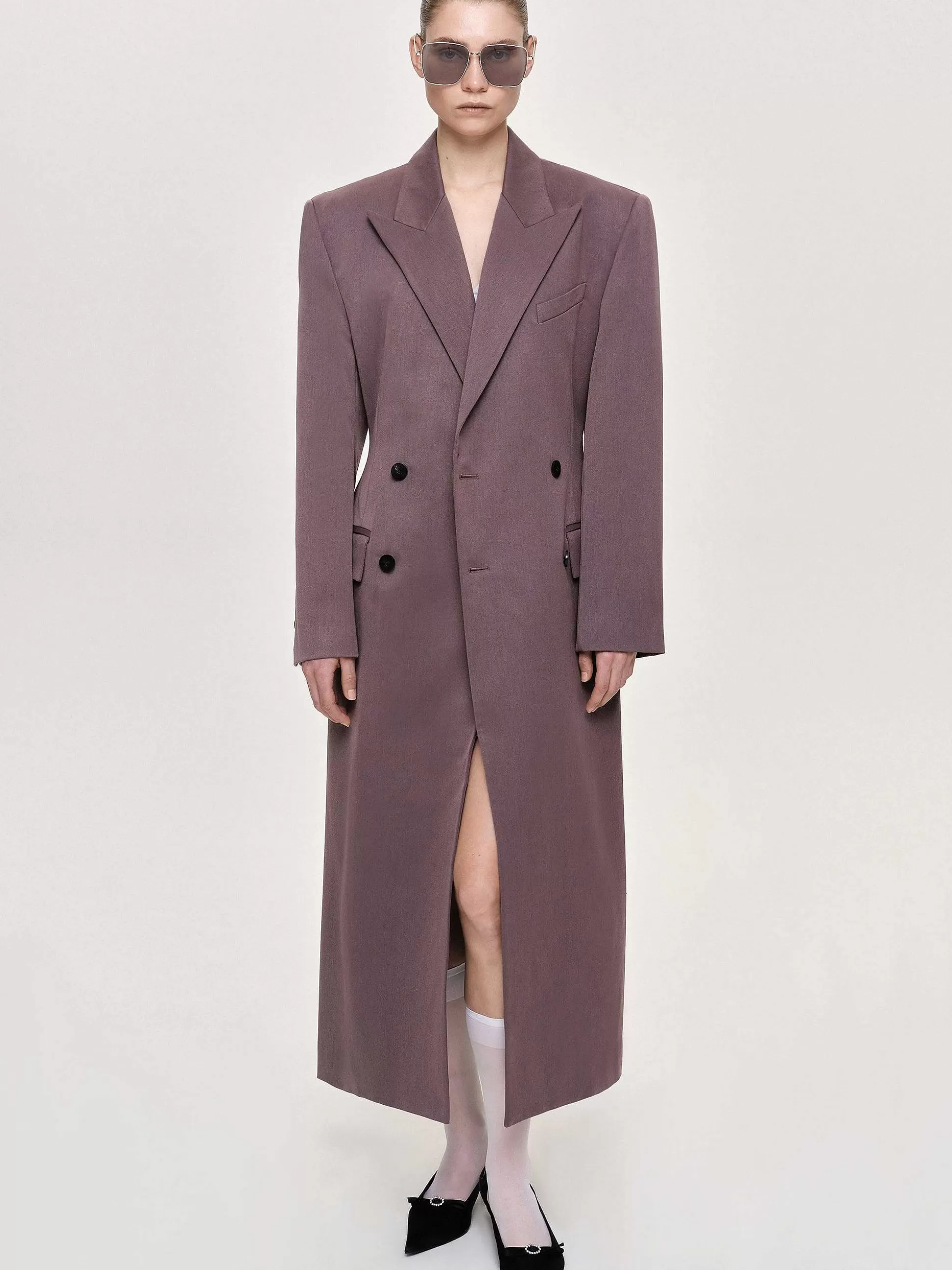 Women Source Unknown Outerwear-Delphina Long Hourglass Coat, Mauve Grey