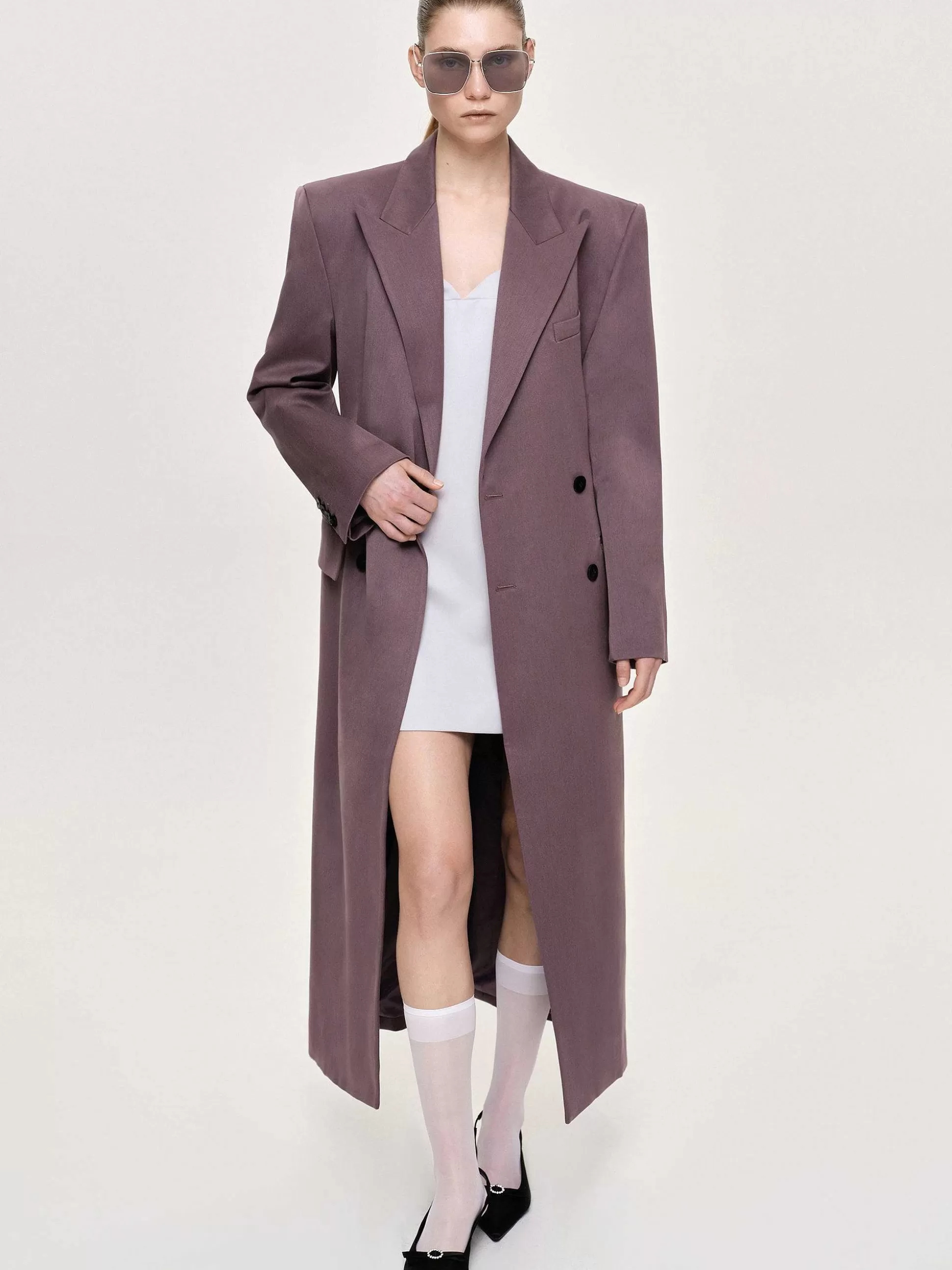 Women Source Unknown Clothing-Delphina Long Hourglass Coat, Mauve Grey