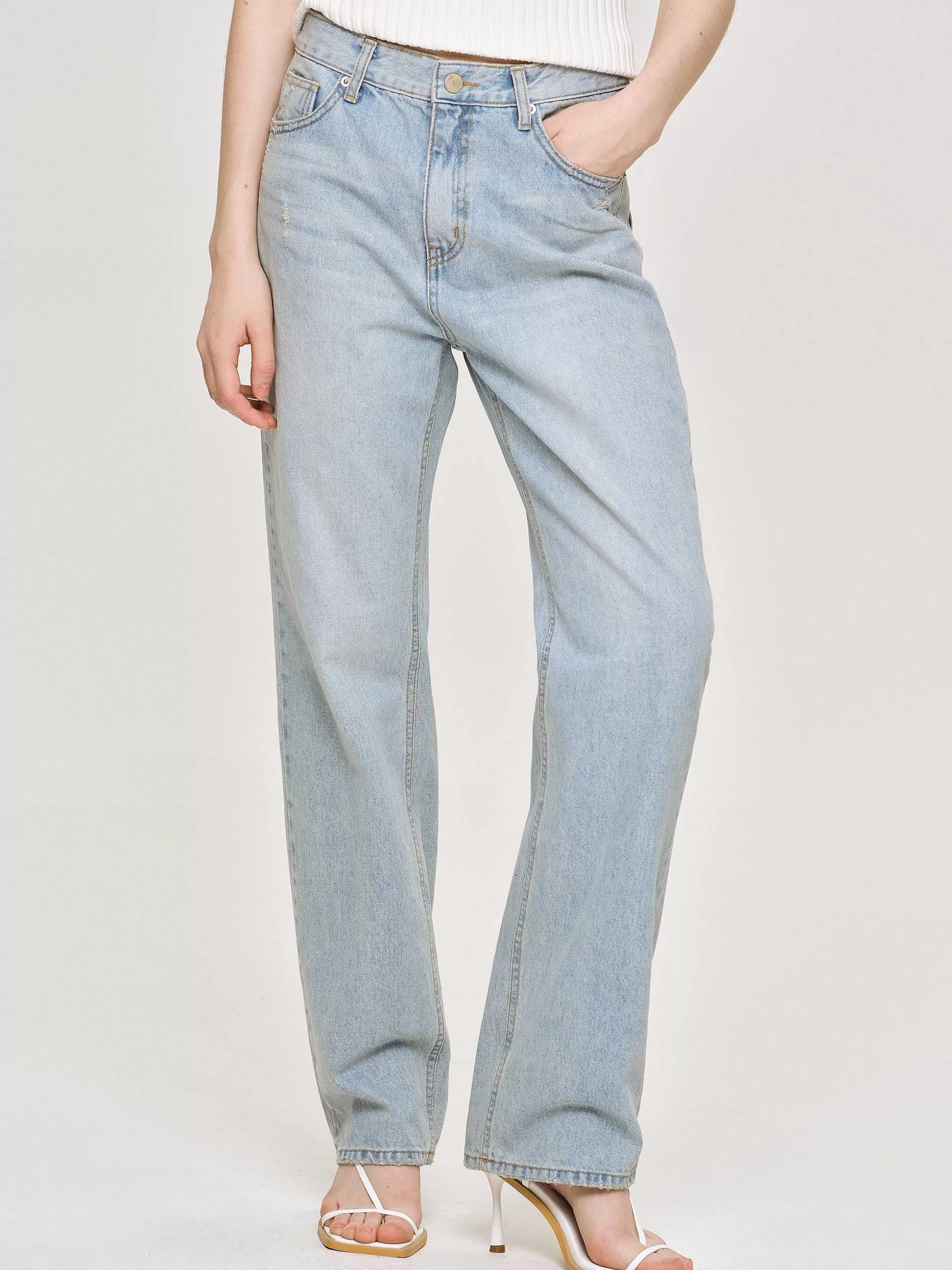 Women Source Unknown Clothing-Distressed Straight Jeans, Light Vintage Blue