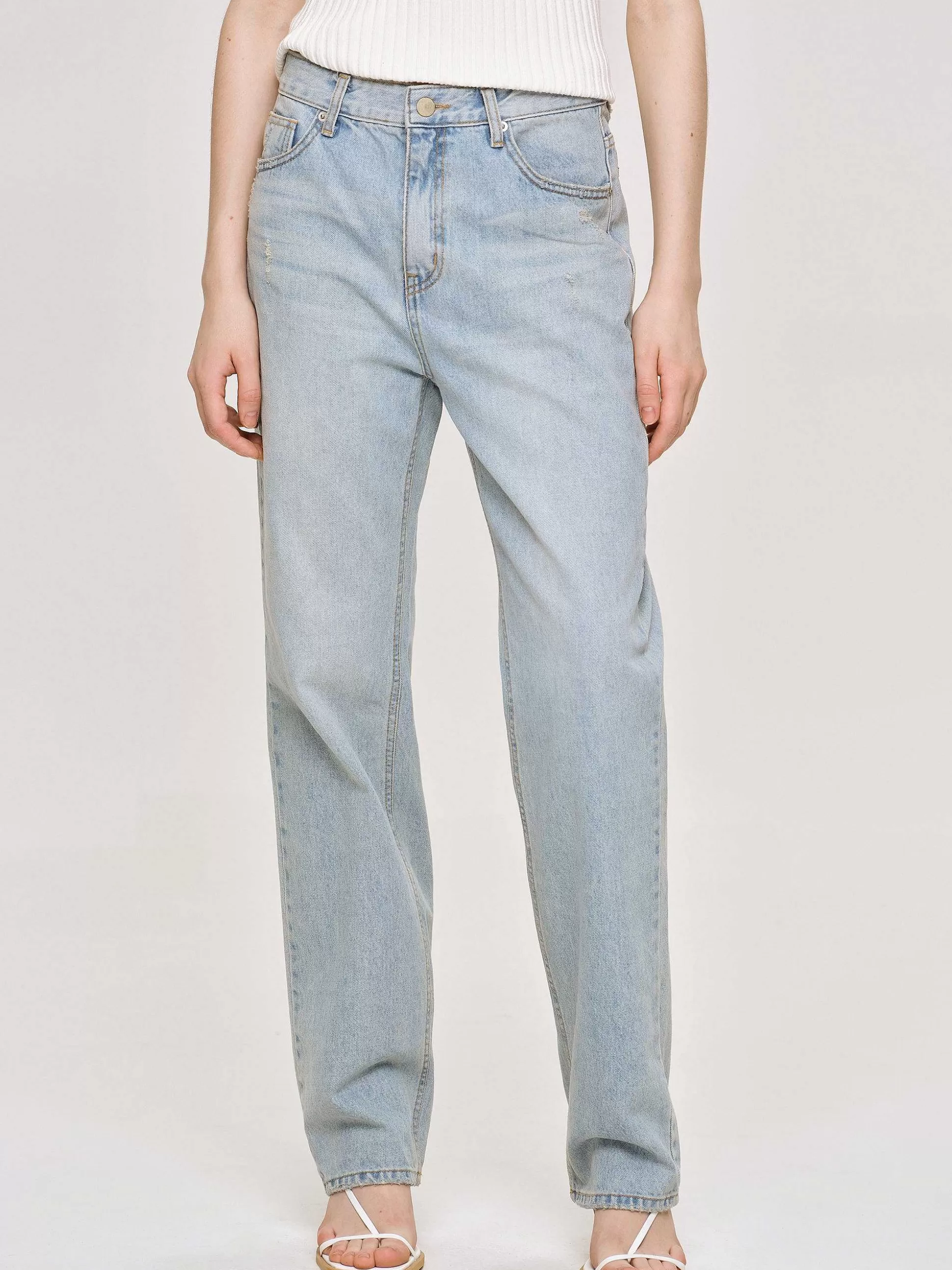 Women Source Unknown Clothing-Distressed Straight Jeans, Light Vintage Blue