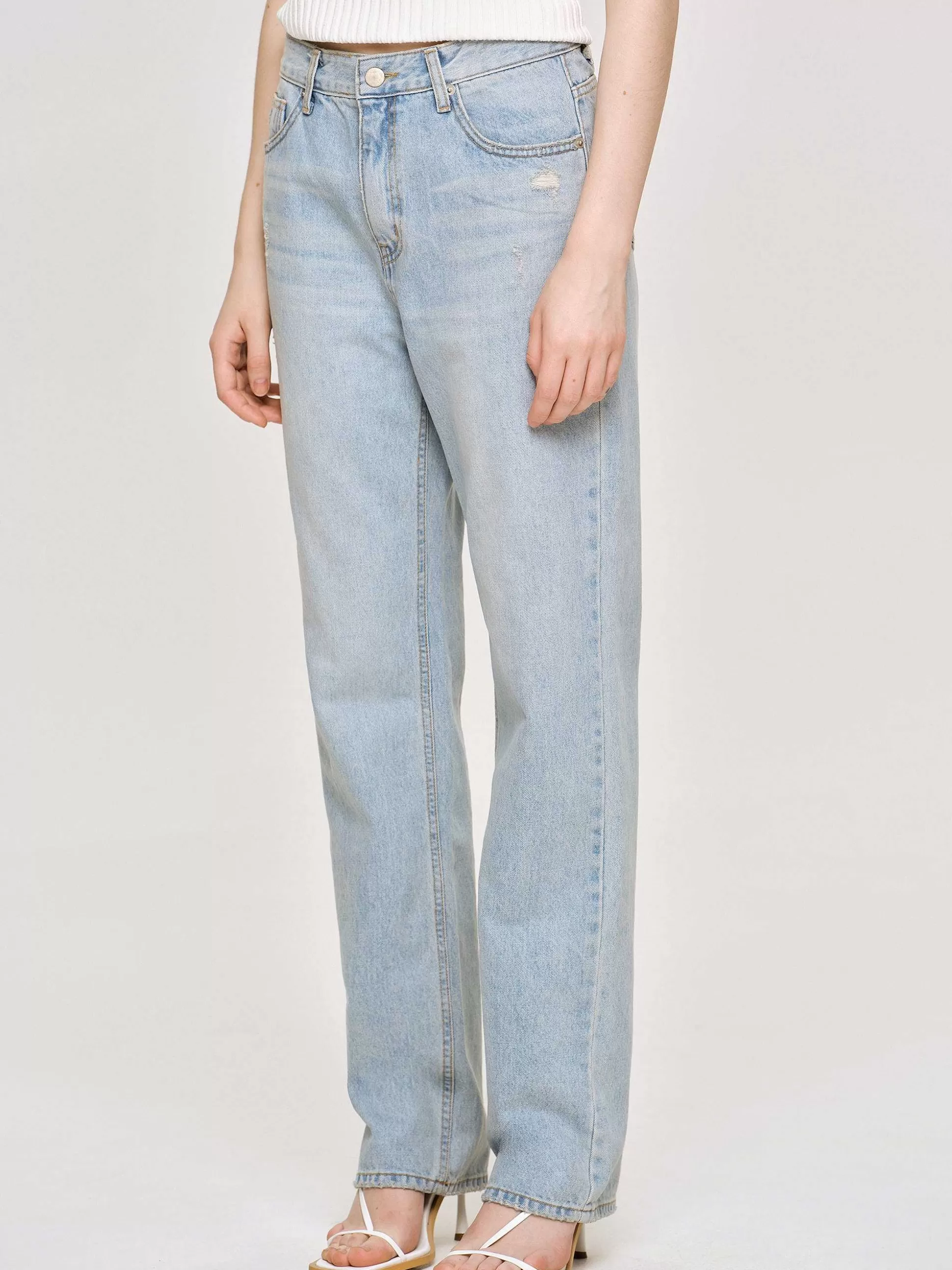 Women Source Unknown Clothing-Distressed Straight Jeans, Light Vintage Blue