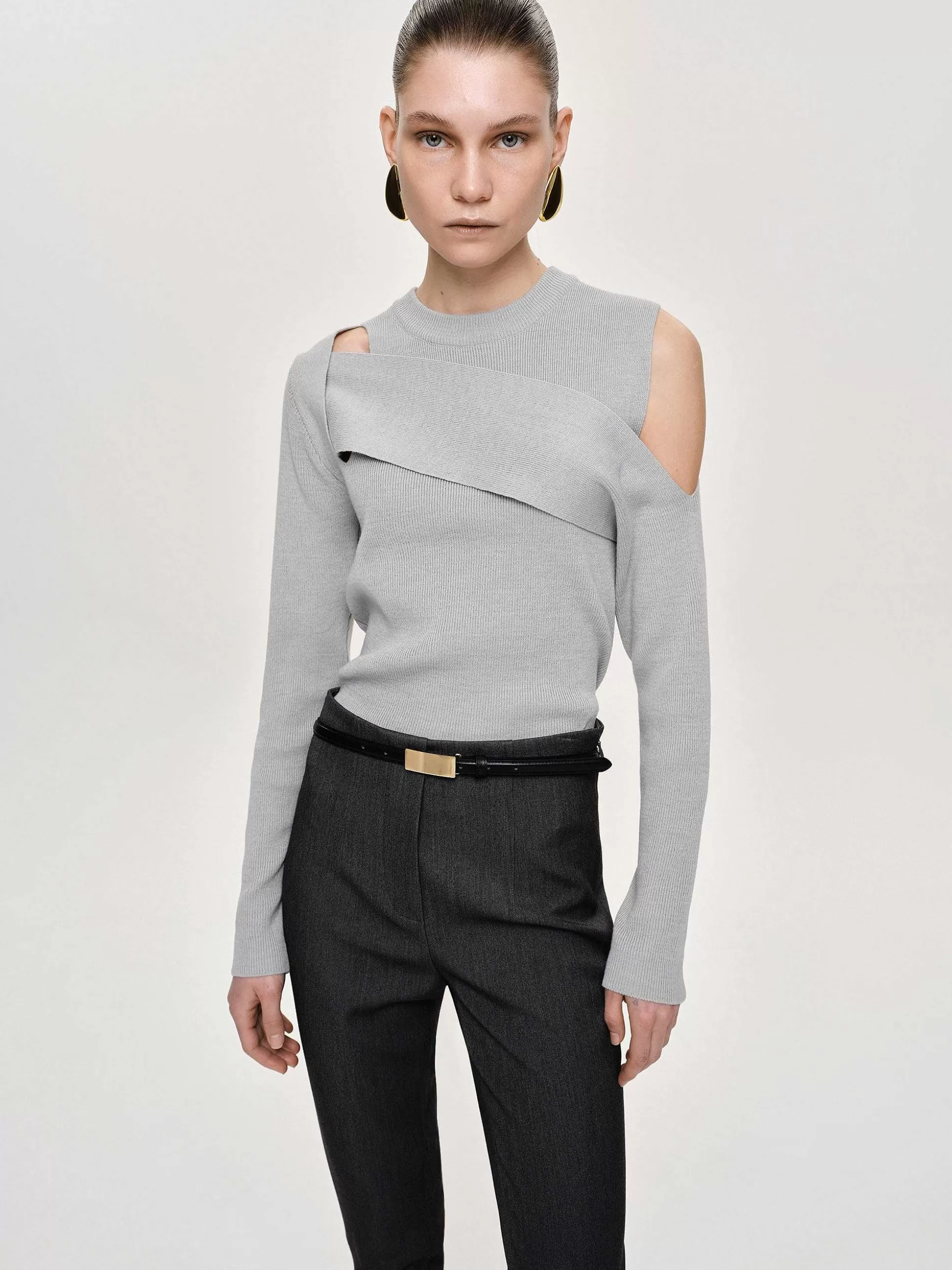 Women Source Unknown Knitwear-Draped Cut-Out Knit, Taupe Gray