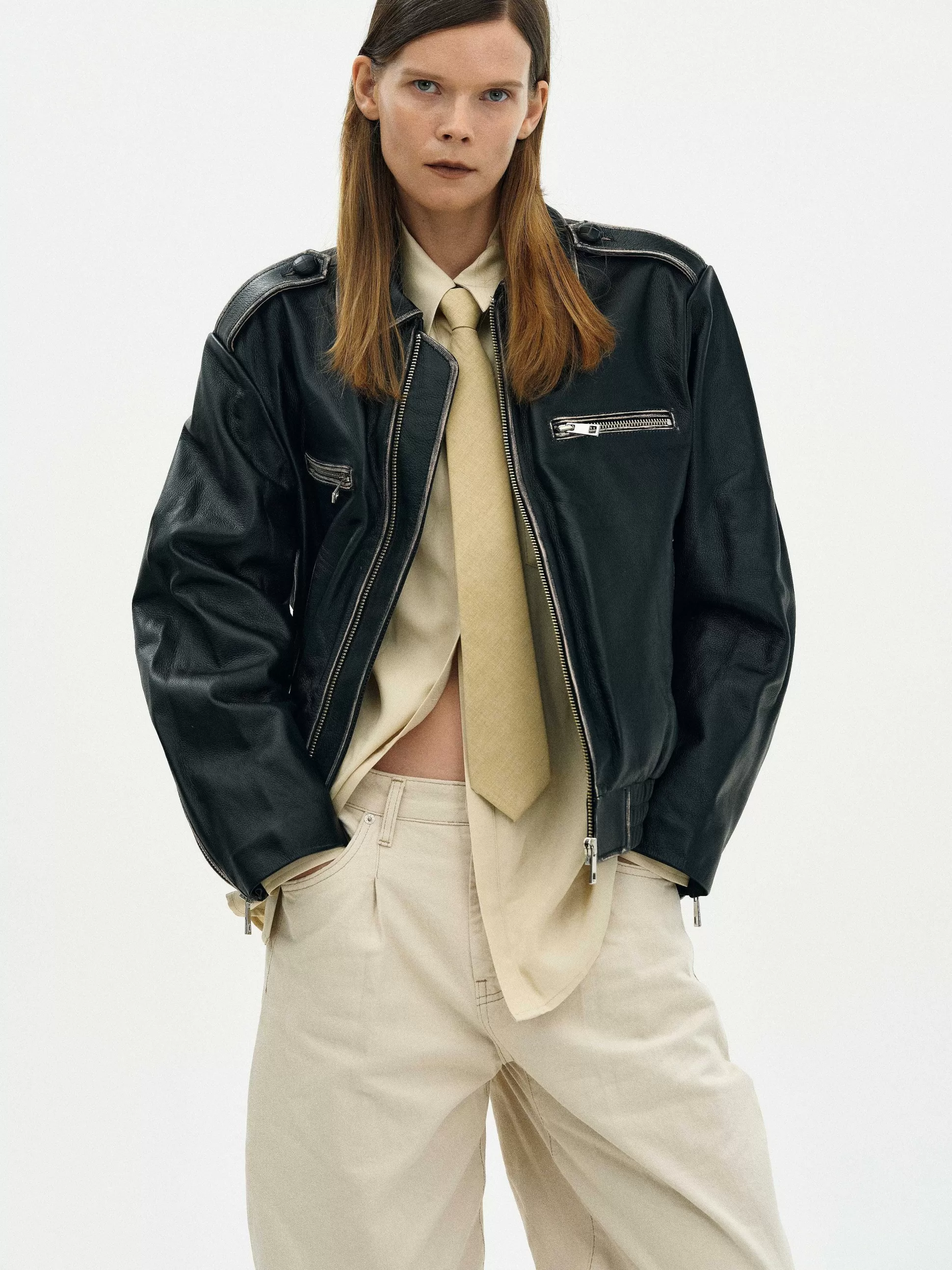 Women Source Unknown Clothing-Faded Leather Jacket,