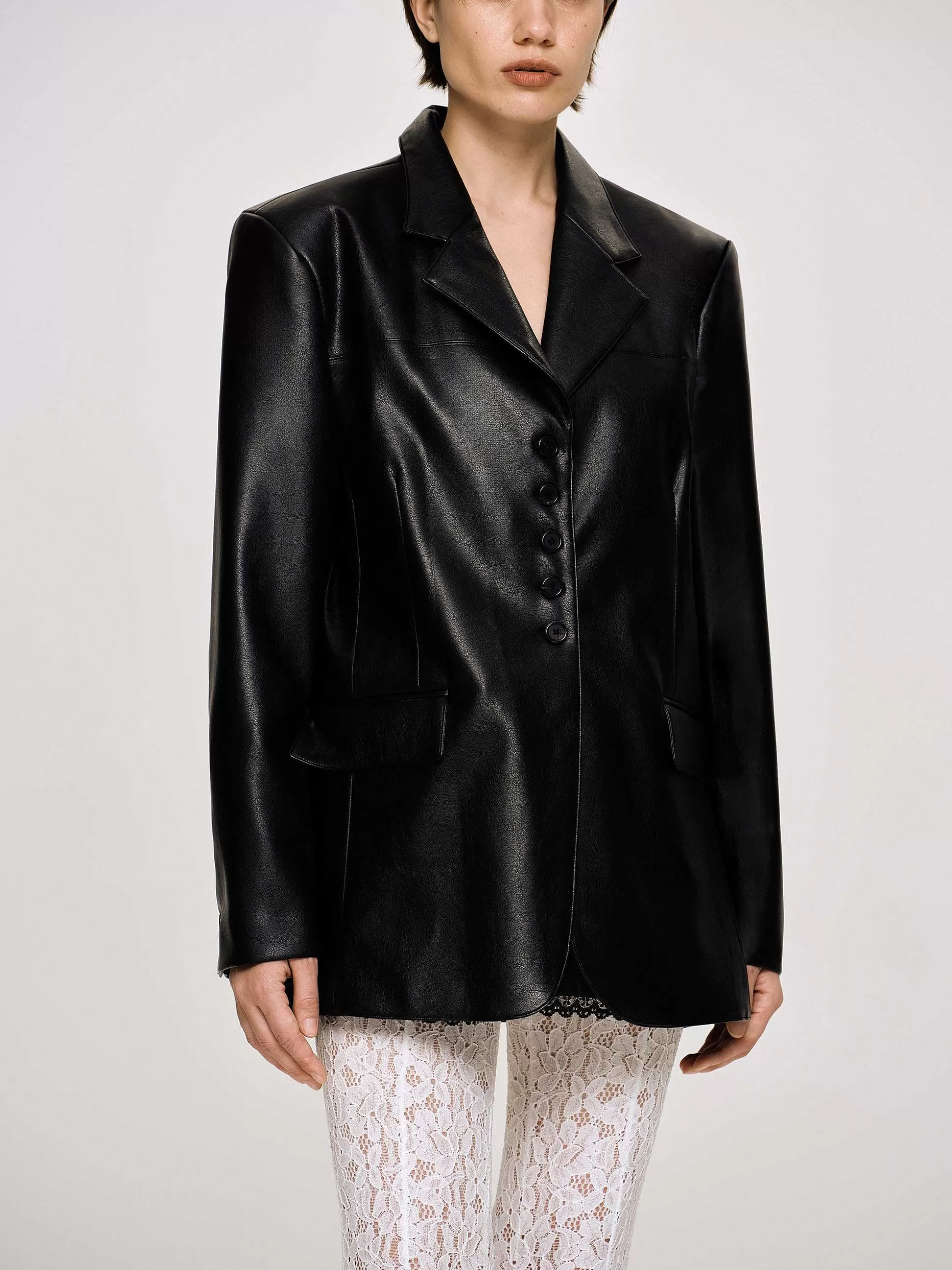 Women Source Unknown Clothing-Faux Leather Button Jacket, Black