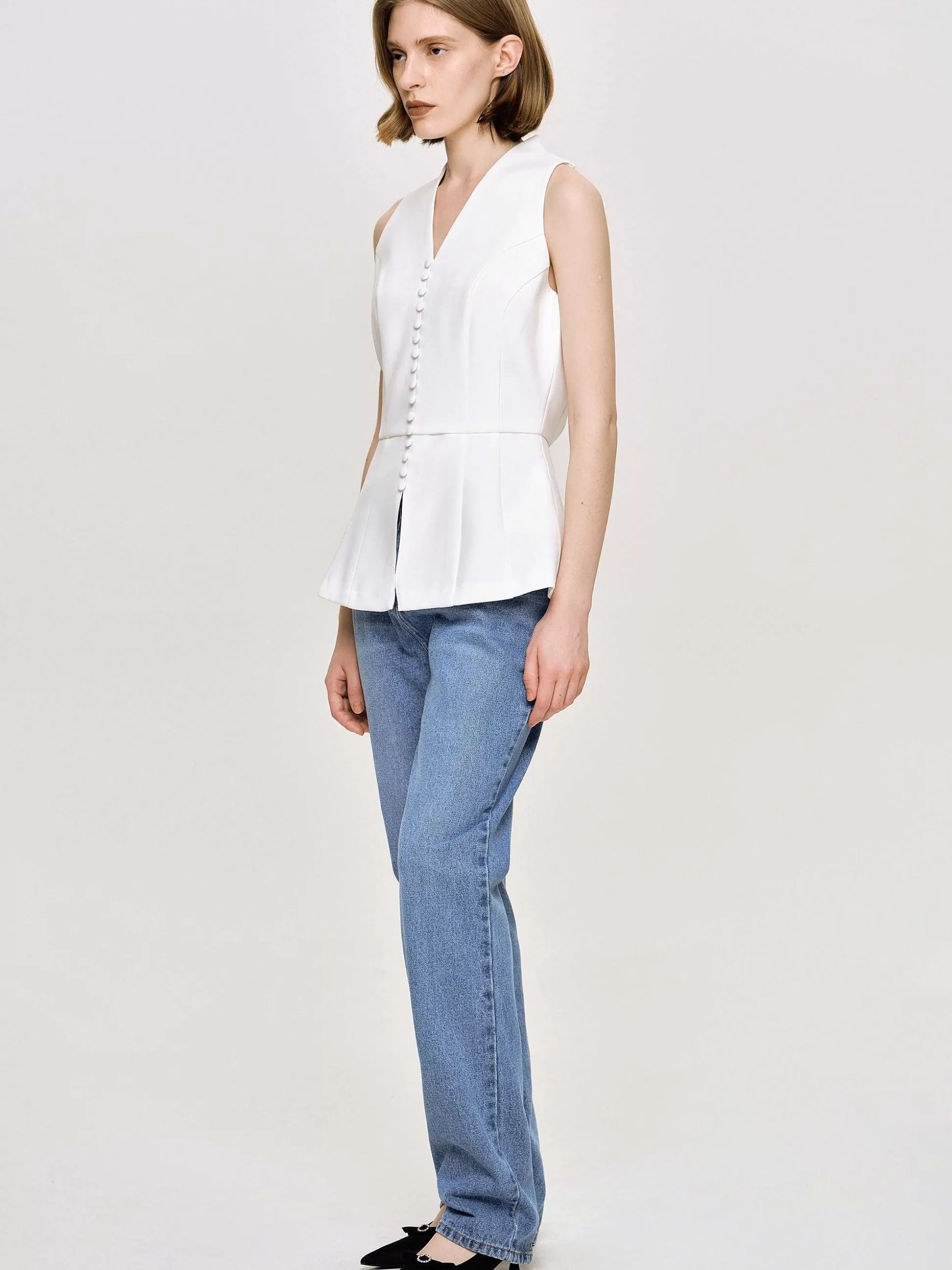 Women Source Unknown Tops-Flared Button Vest, White
