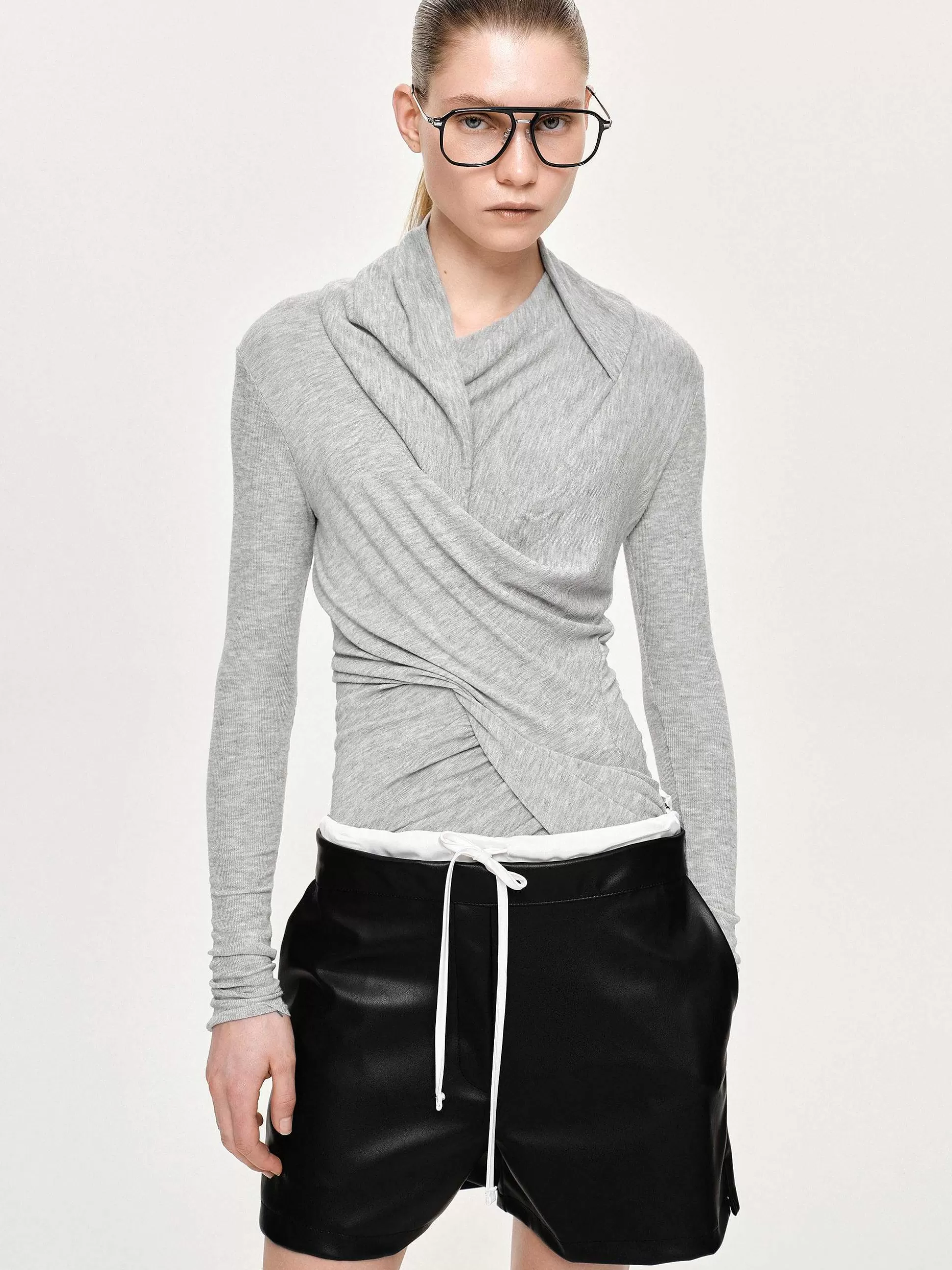 Women Source Unknown Tops-Folgore Asymmetric Drape Top, Grey