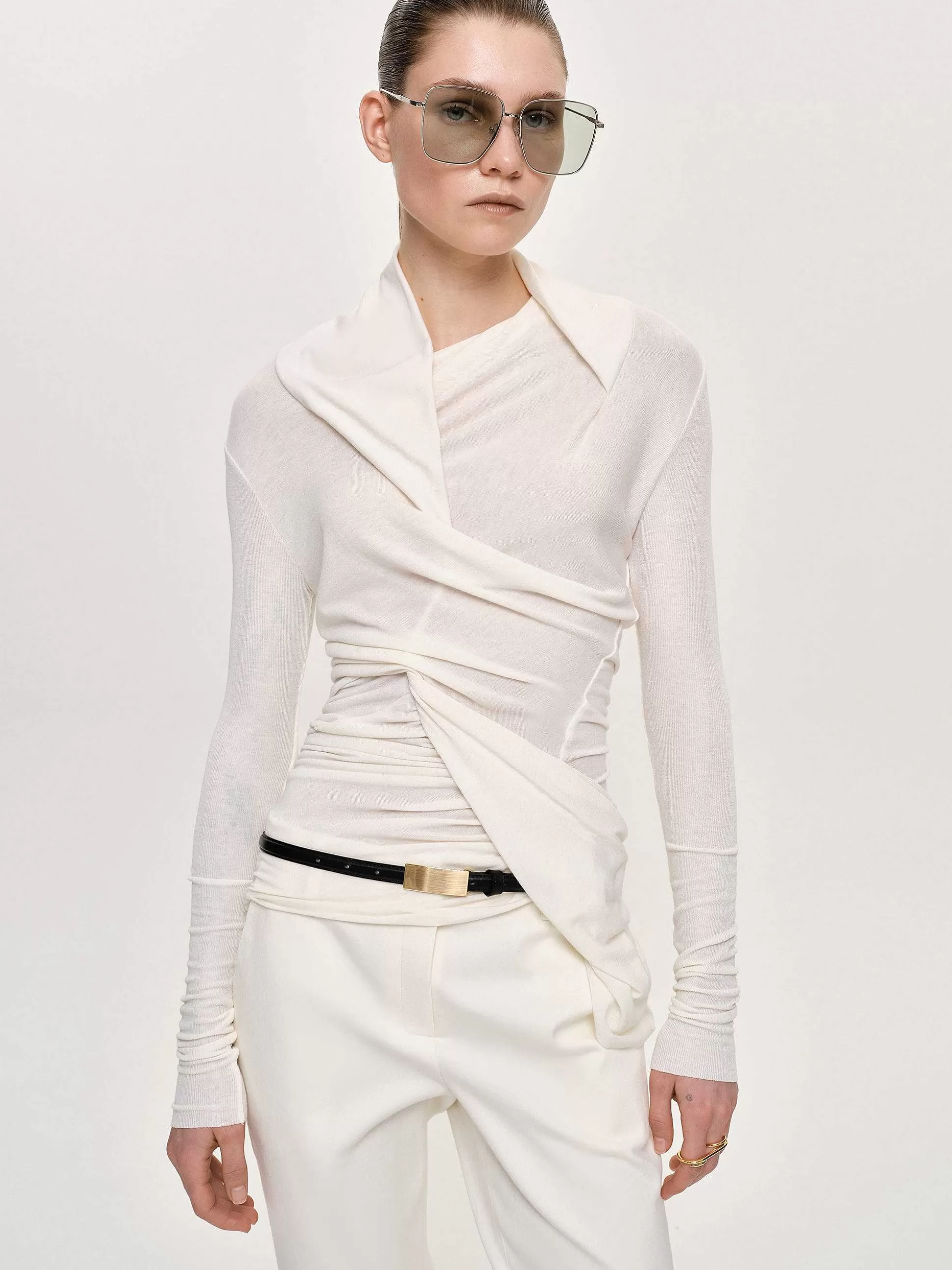 Women Source Unknown Tops-Folgore Asymmetric Drape Top, Ivory