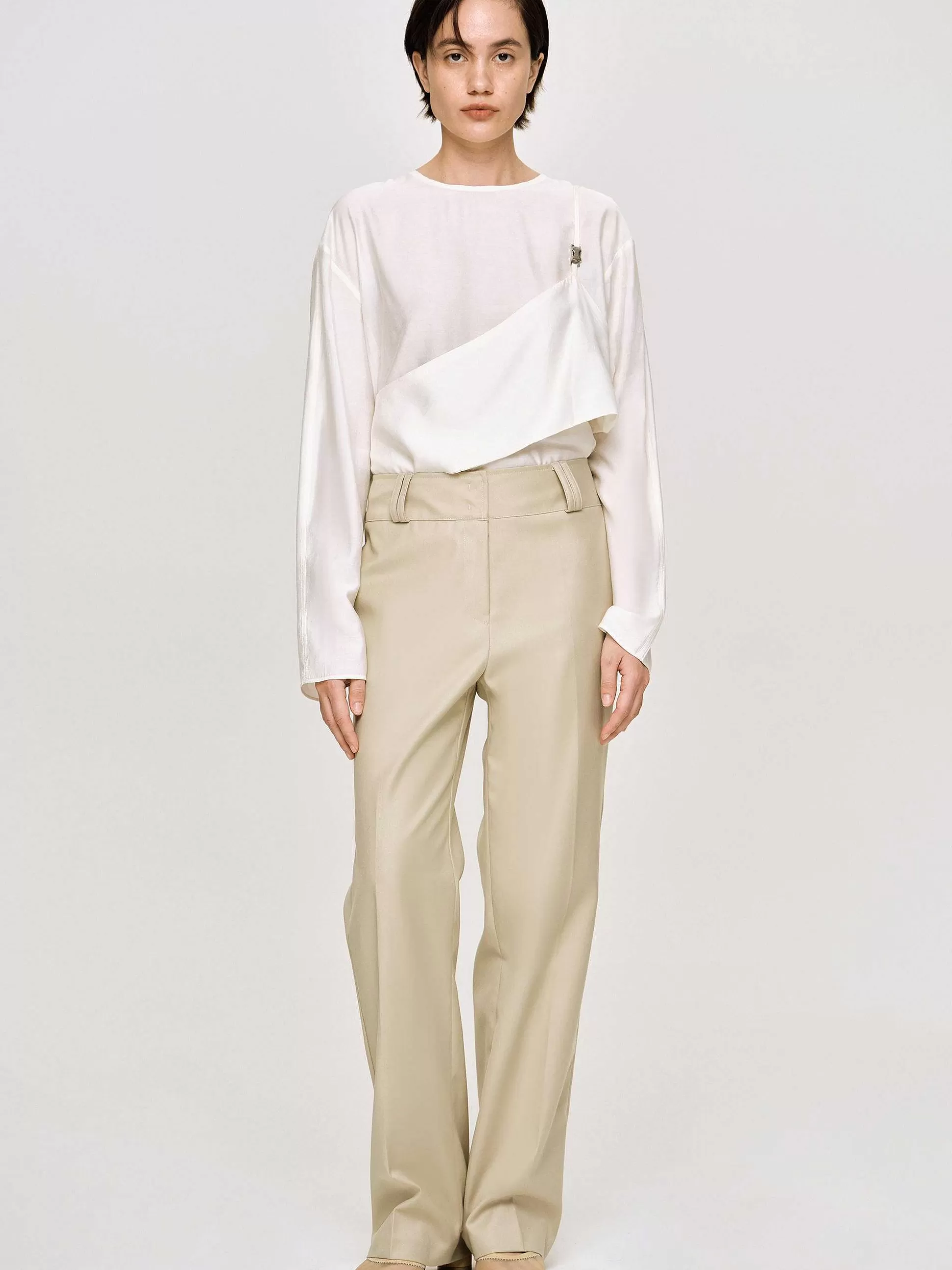 Women Source Unknown Bottoms-Gabardine Straight-Leg Trousers, Beige