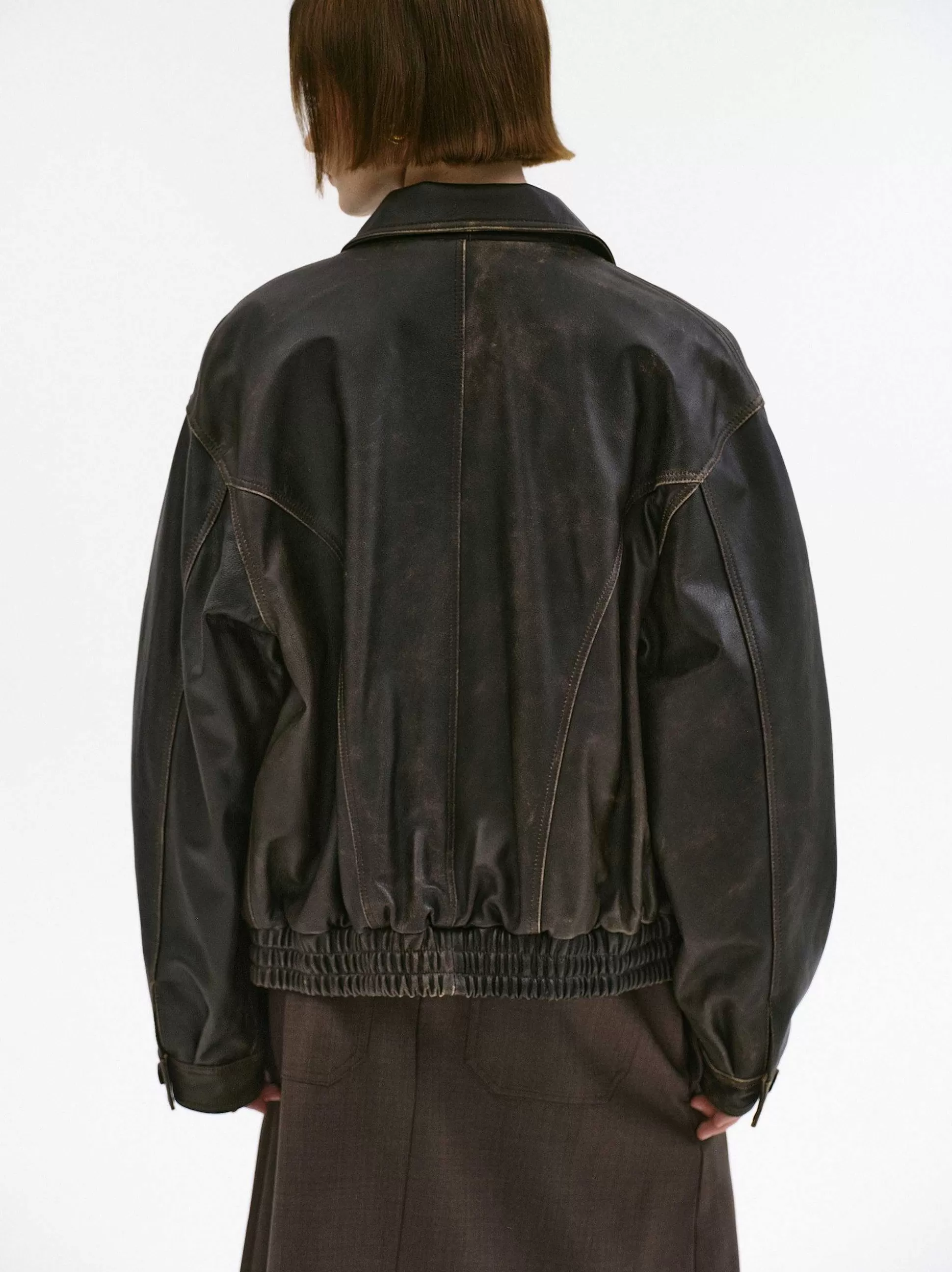 Women Source Unknown Accessories-Geva Faded Lambskin Bomber Jacket, Brown
