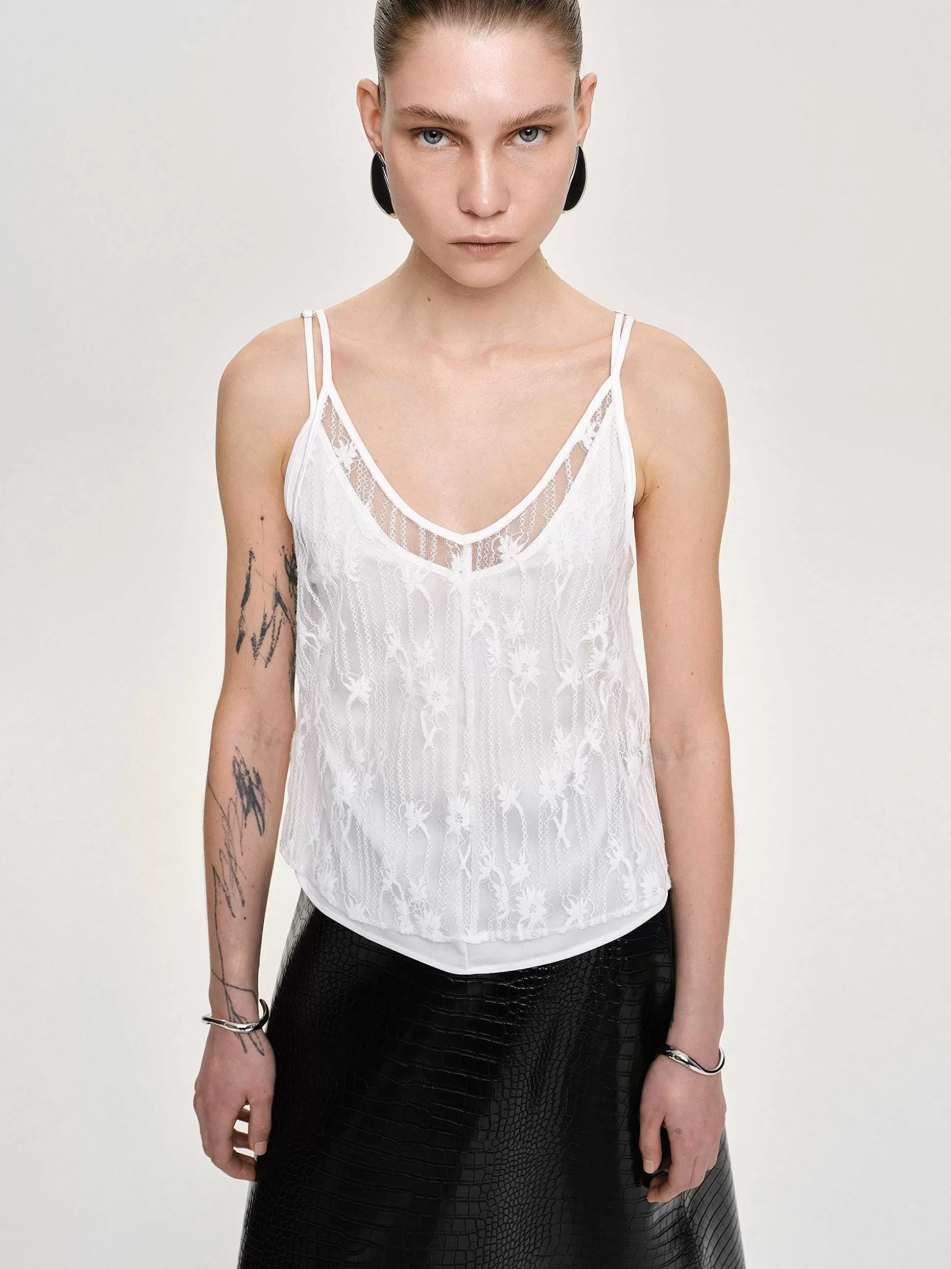 Women Source Unknown Tops-Intersia Floral Tank Top, White