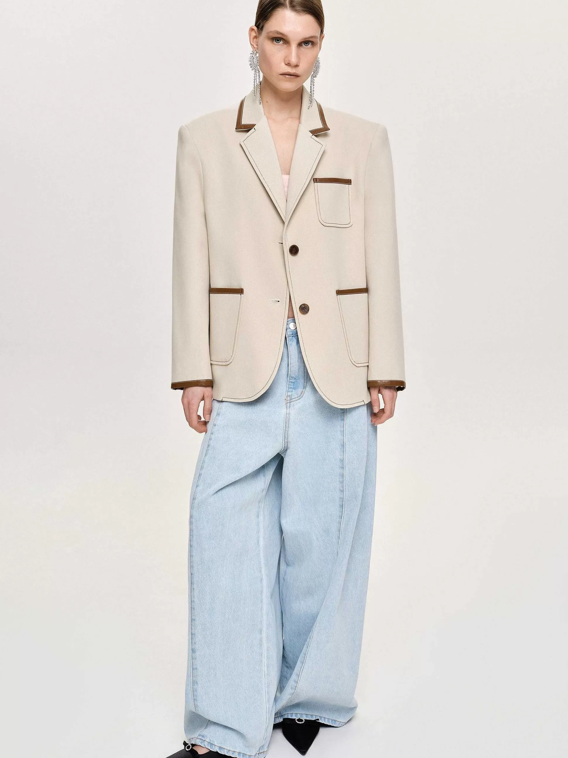 Women Source Unknown Outerwear-Leather-Trimmed Blazer, Canvas