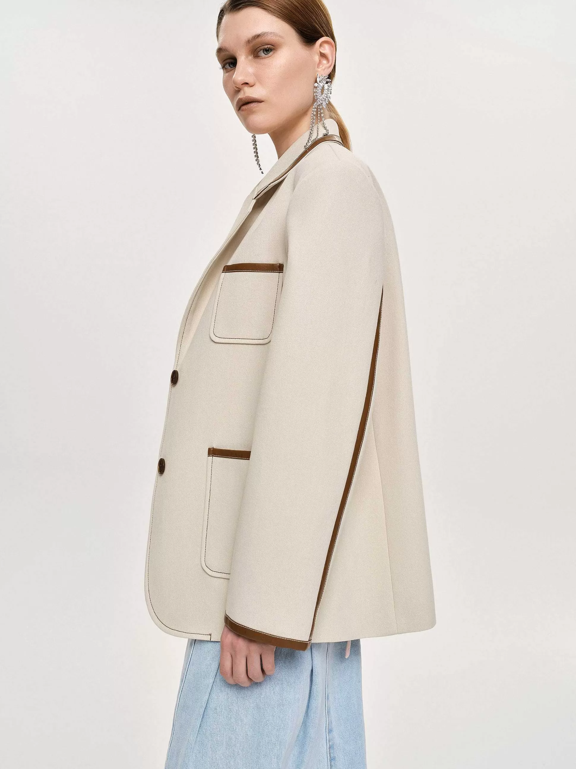 Women Source Unknown Outerwear-Leather-Trimmed Blazer, Canvas