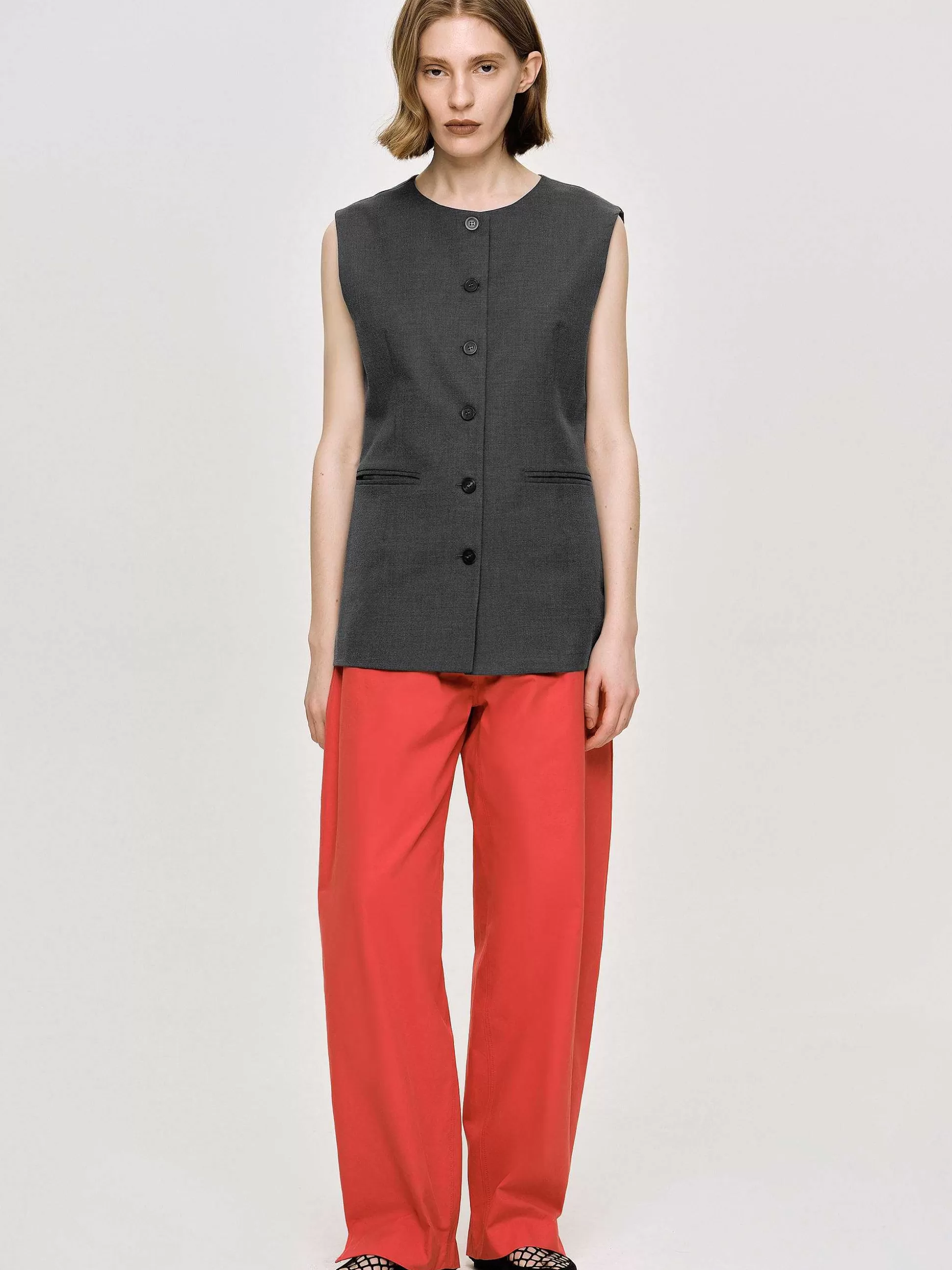 Women Source Unknown Clothing-Long Button Vest, Charcoal Melange