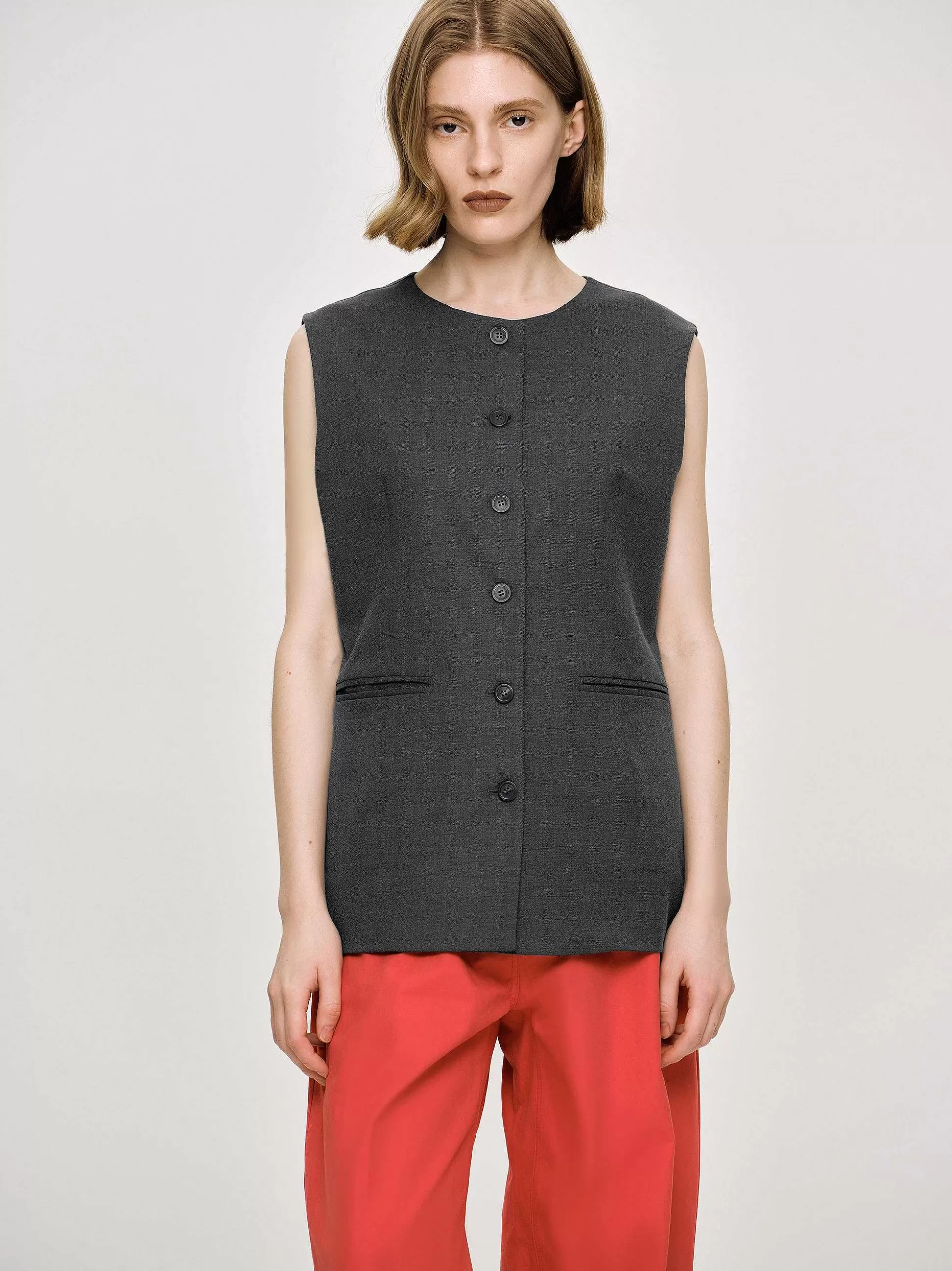 Women Source Unknown Clothing-Long Button Vest, Charcoal Melange