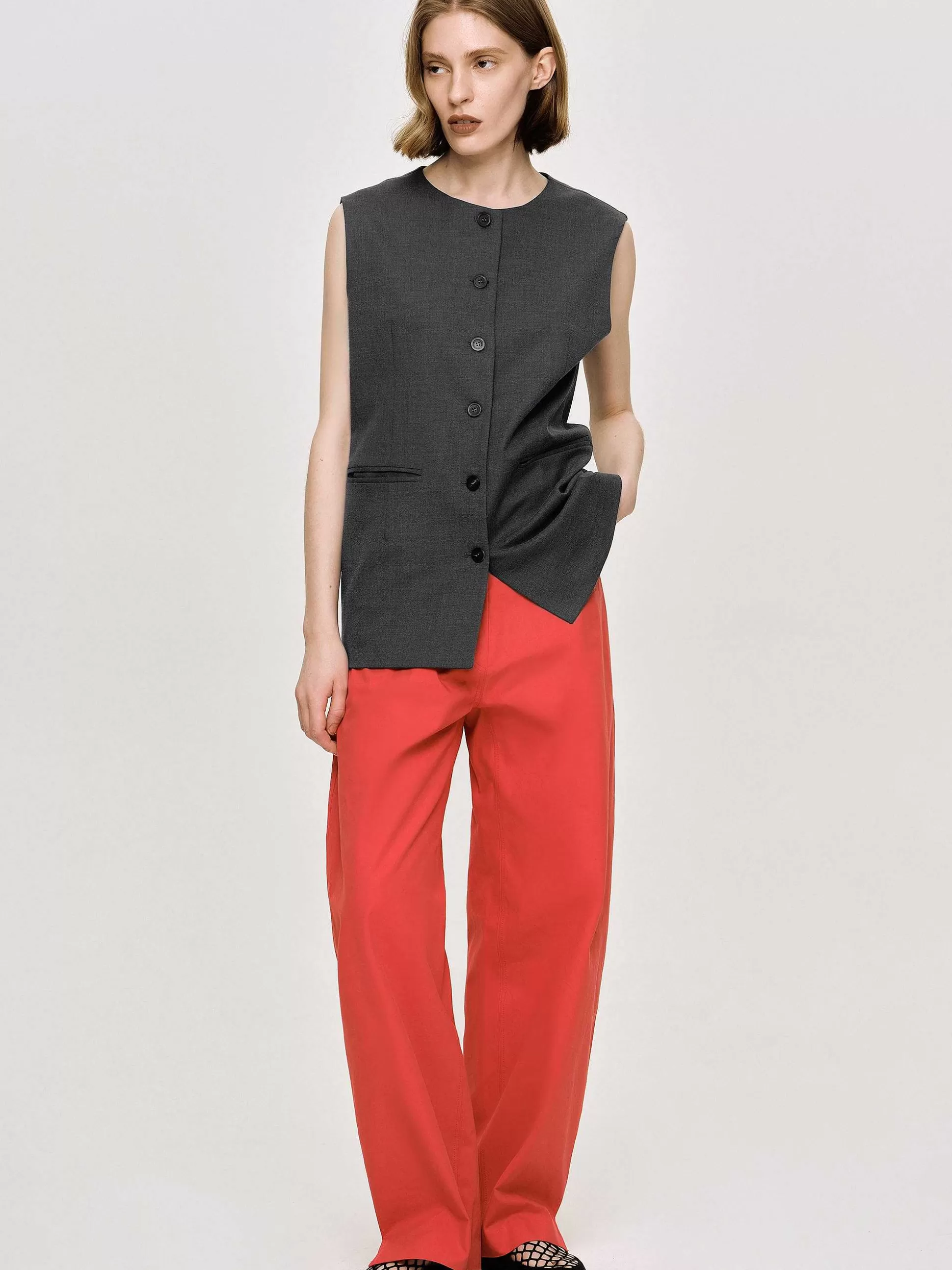 Women Source Unknown Tops-Long Button Vest, Charcoal Melange