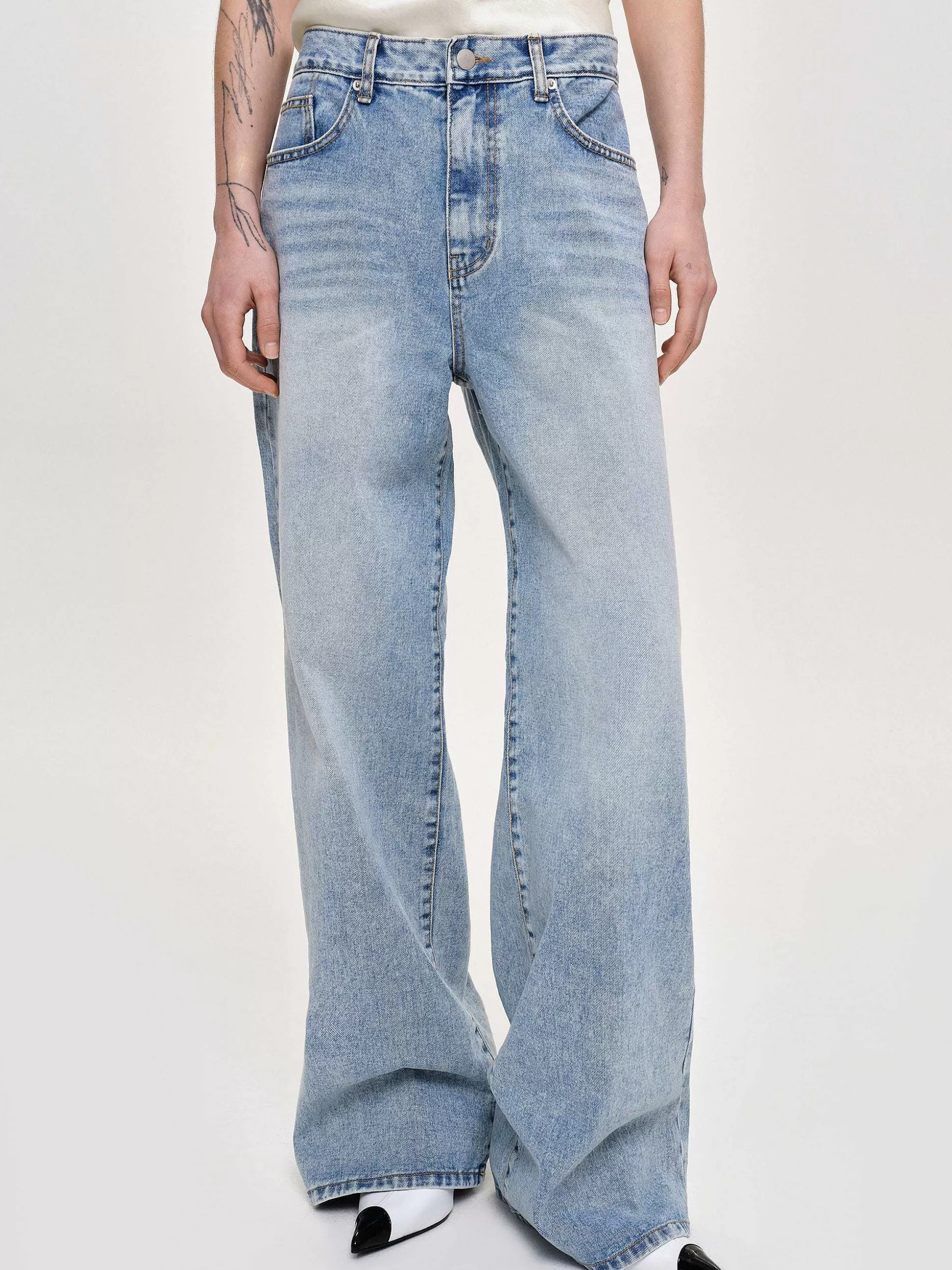 Women Source Unknown Clothing-Long Straight-Leg Jeans, Light Vintage Blue