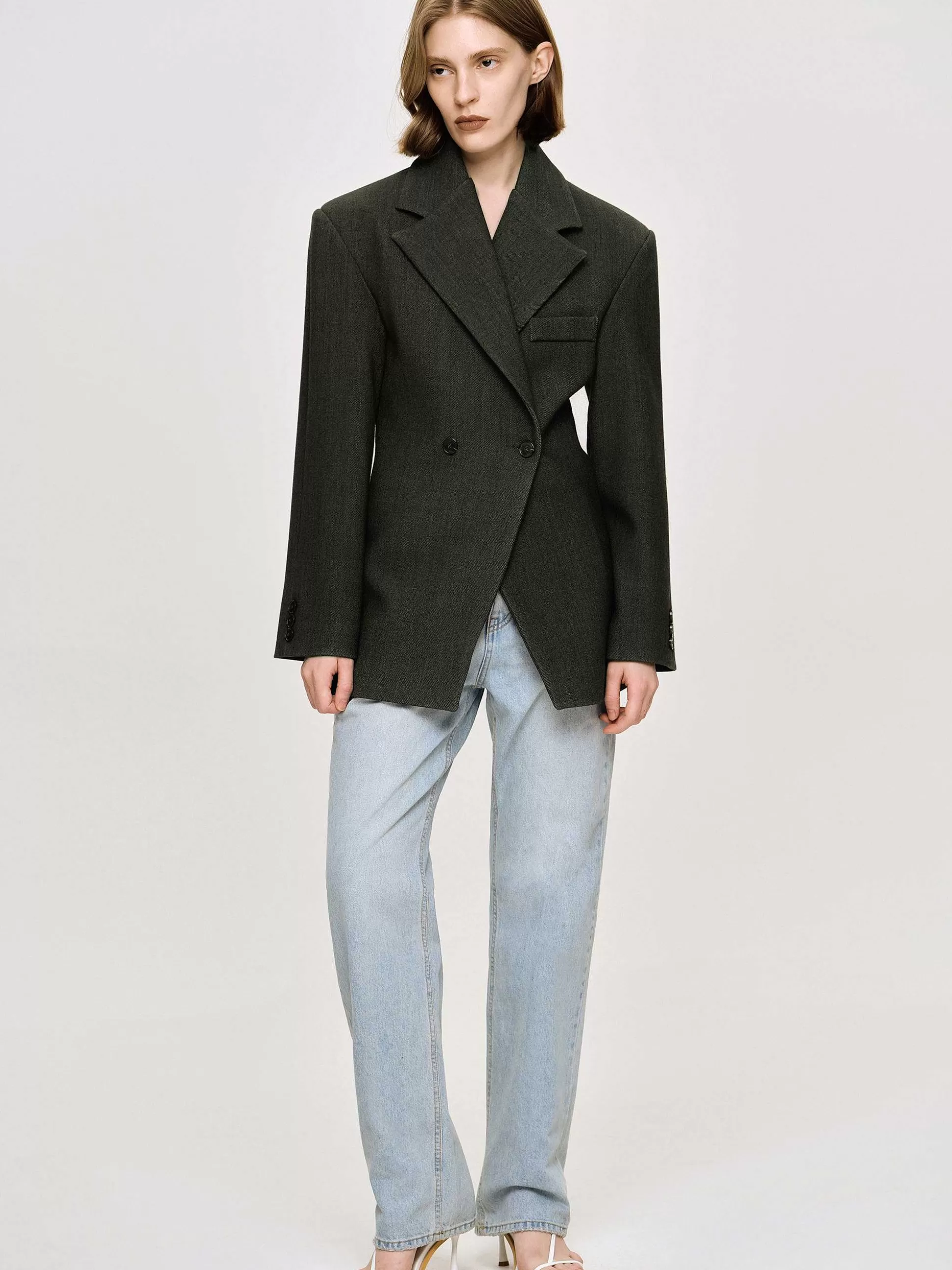 Women Source Unknown Outerwear-Nangy Double Breasted Cinched Blazer,