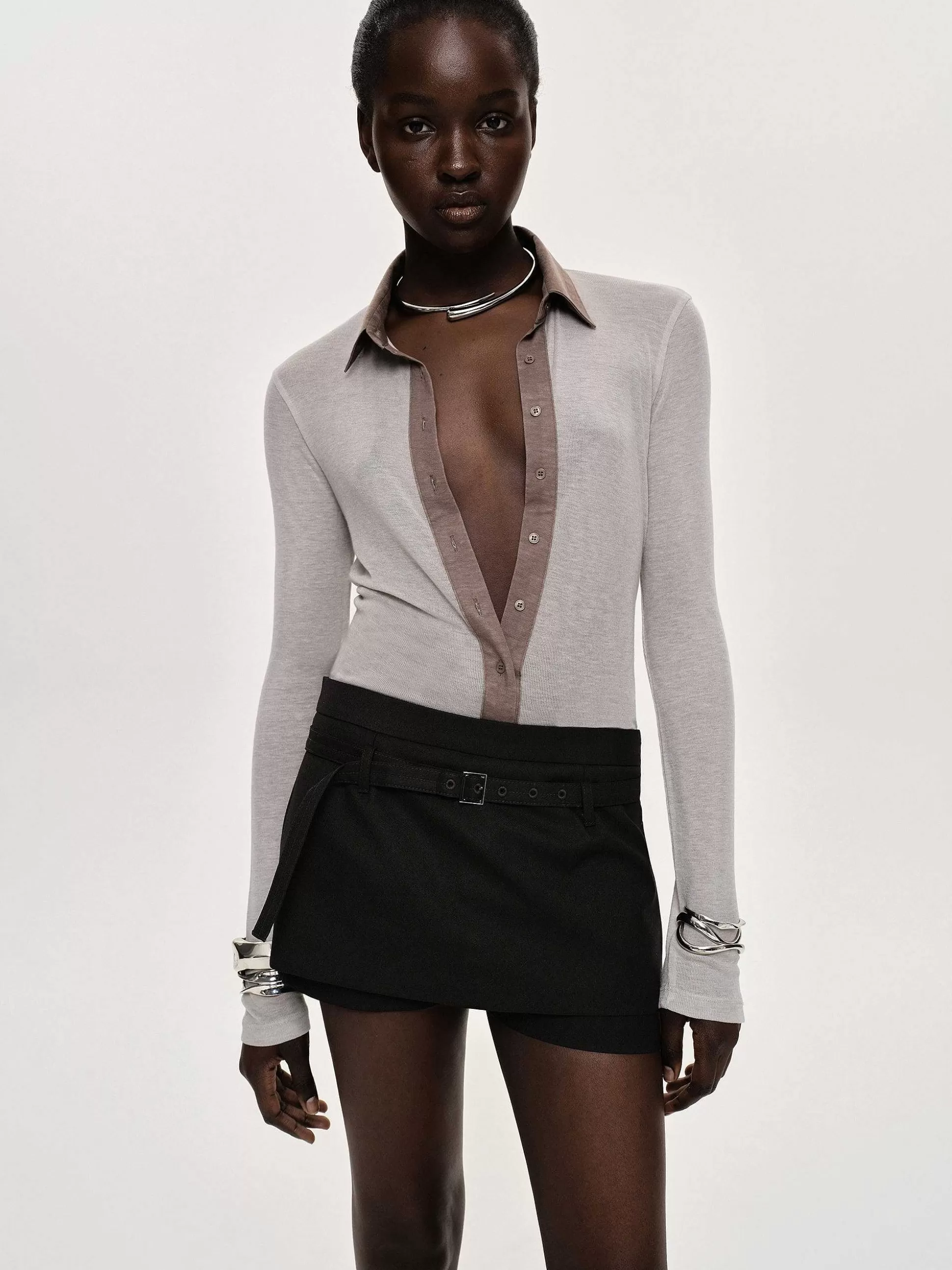 Women Source Unknown Tops-Pietro Semi-Sheer Collar Top, Taupe Brown