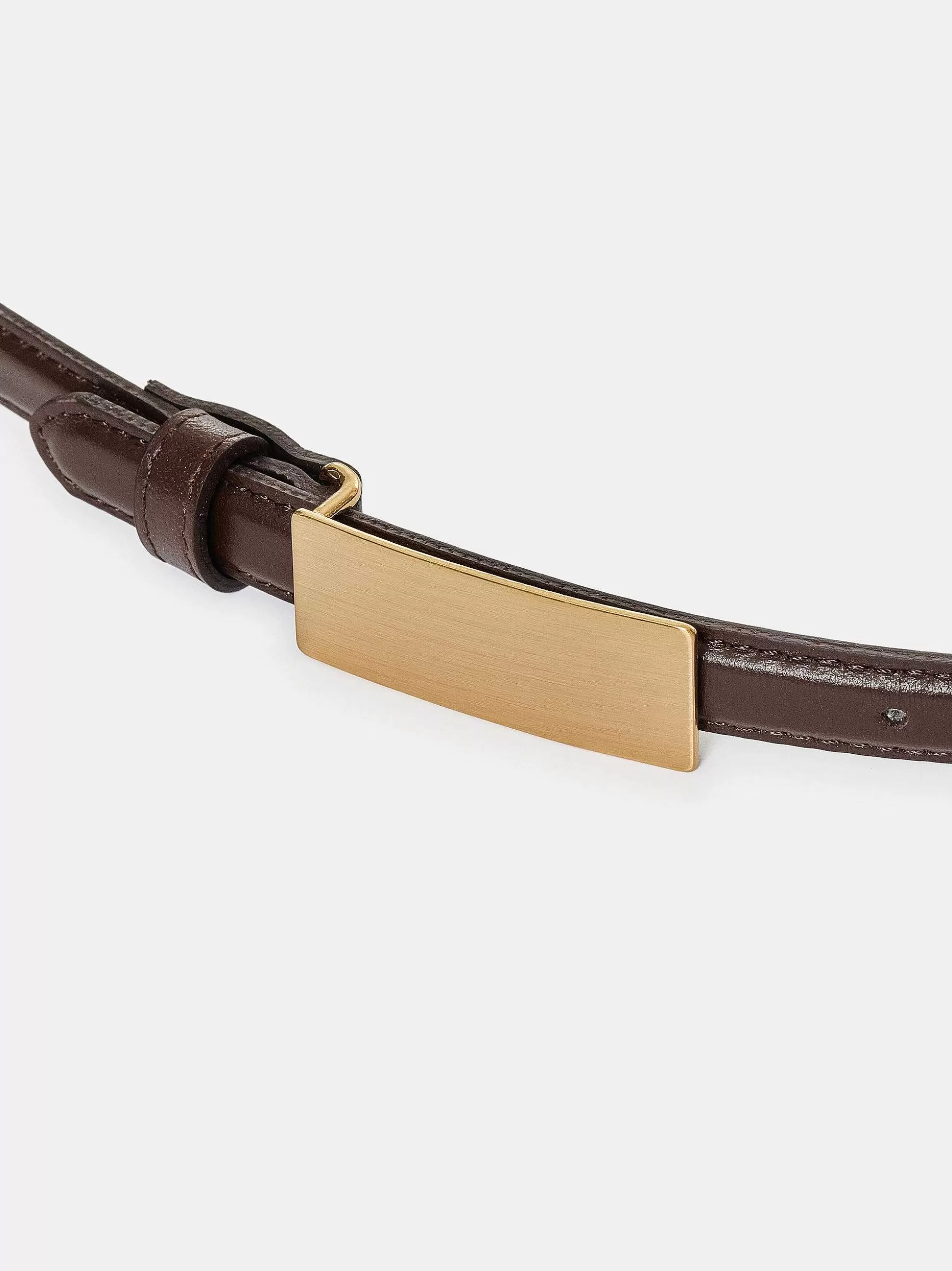Women Source Unknown Clothing-Plate Buckle Leather Belt, Brunette