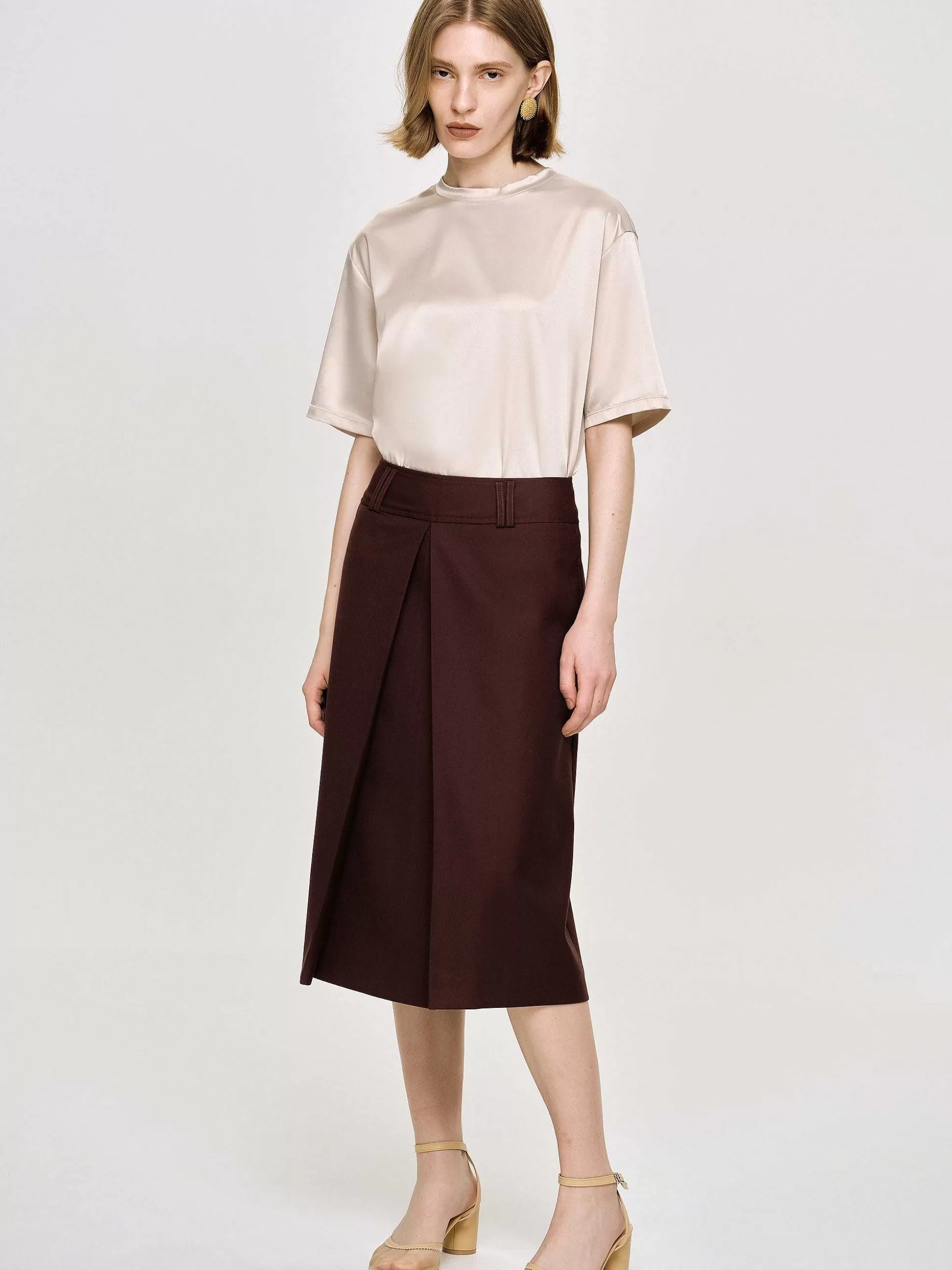 Women Source Unknown Bottoms-Pleated Midi Skirt, Black Cherry