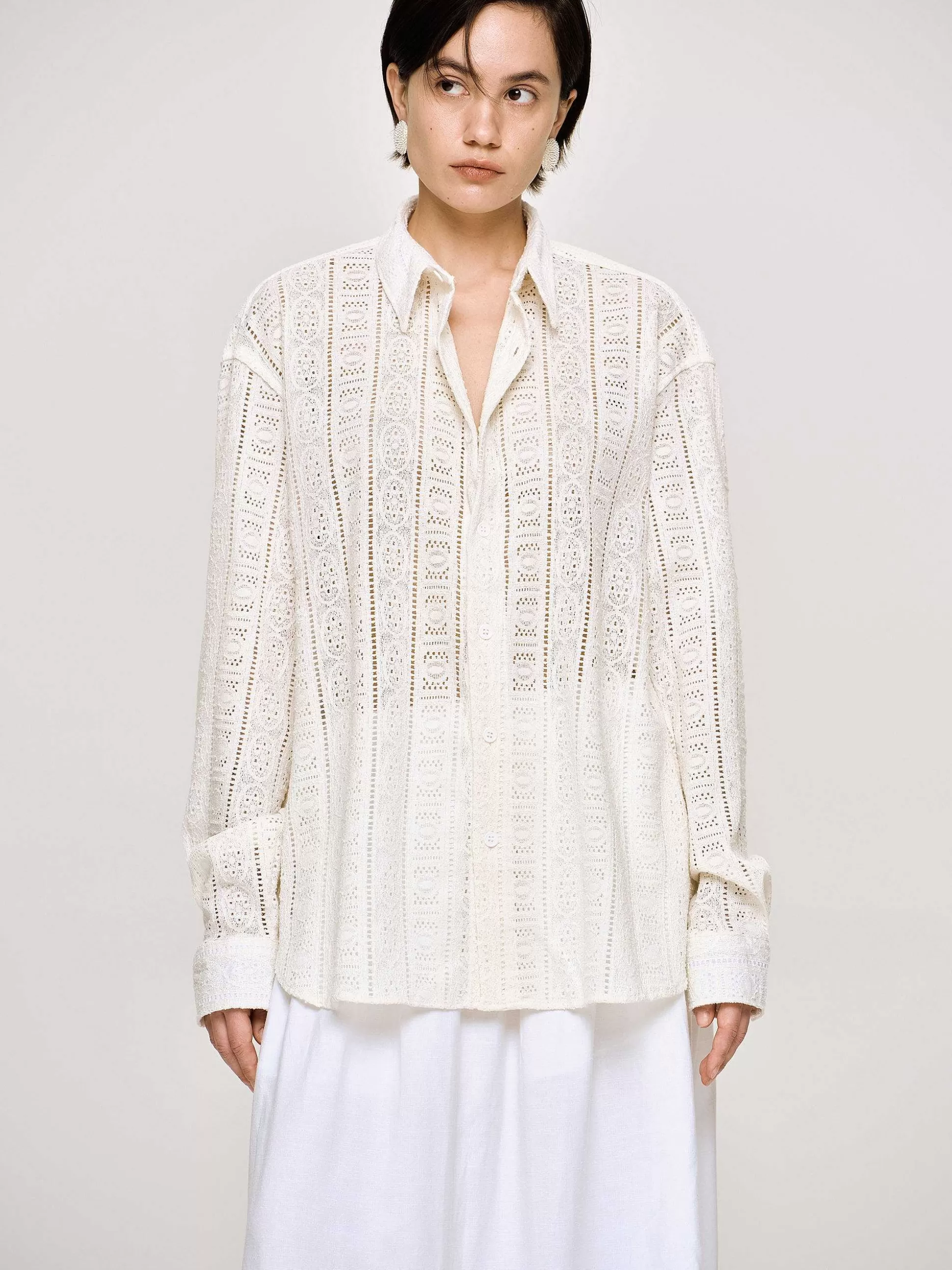 Women Source Unknown Accessories-Pointelle Oversized Button Down Shirt,