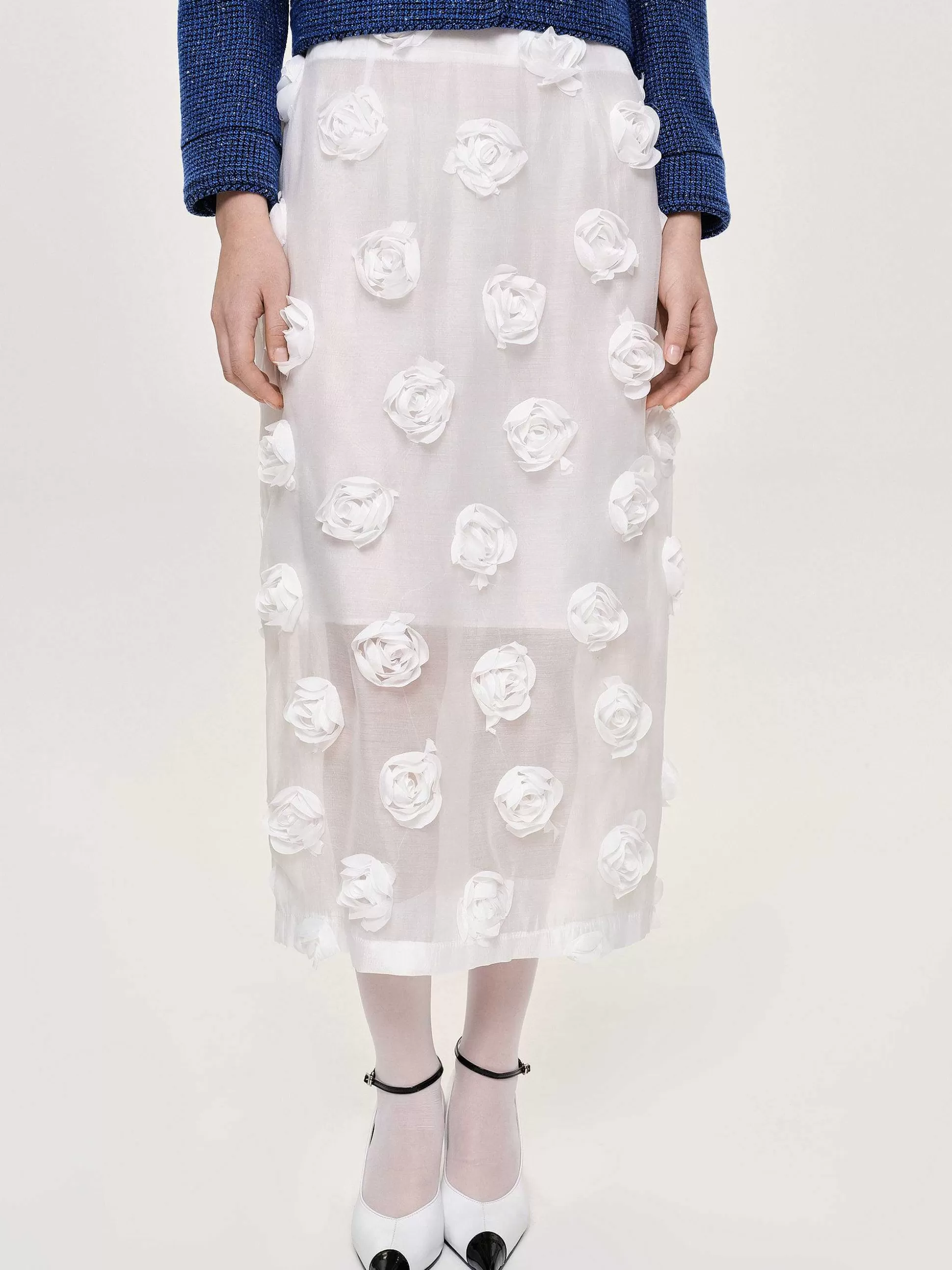 Women Source Unknown Bottoms-Rose Applique Midi Skirt, White