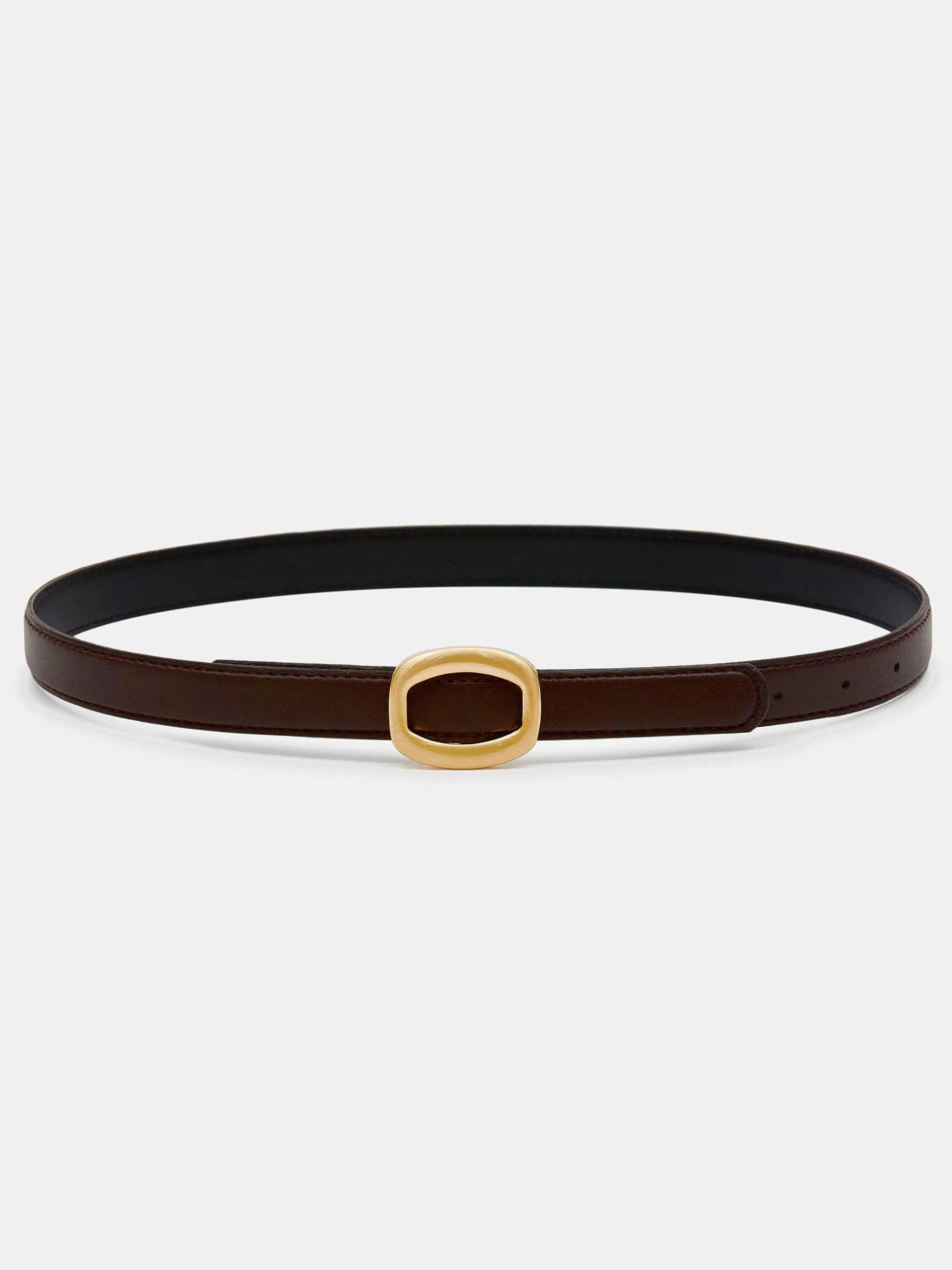 Women Source Unknown Accessories-Round Hexagon Leather Belt, Brown/Gold