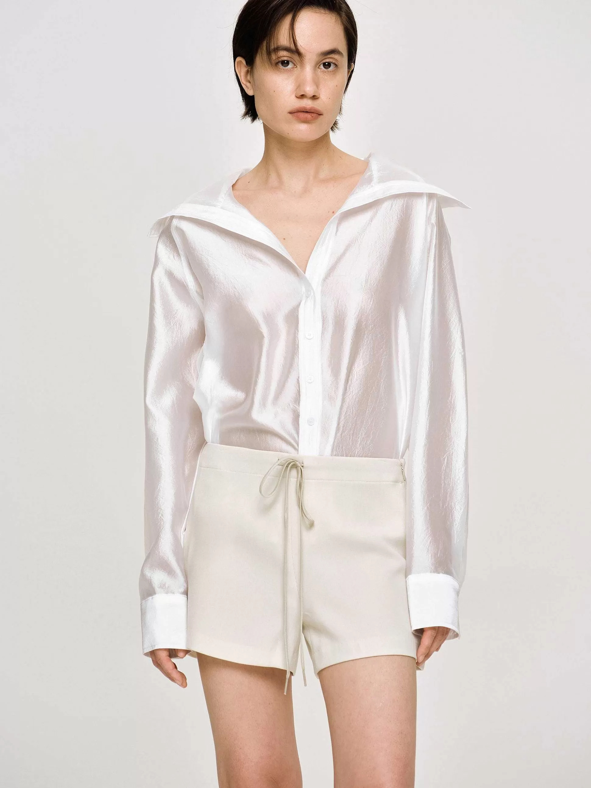 Women Source Unknown Clothing-Sailor Collar Sheer Shirt, White