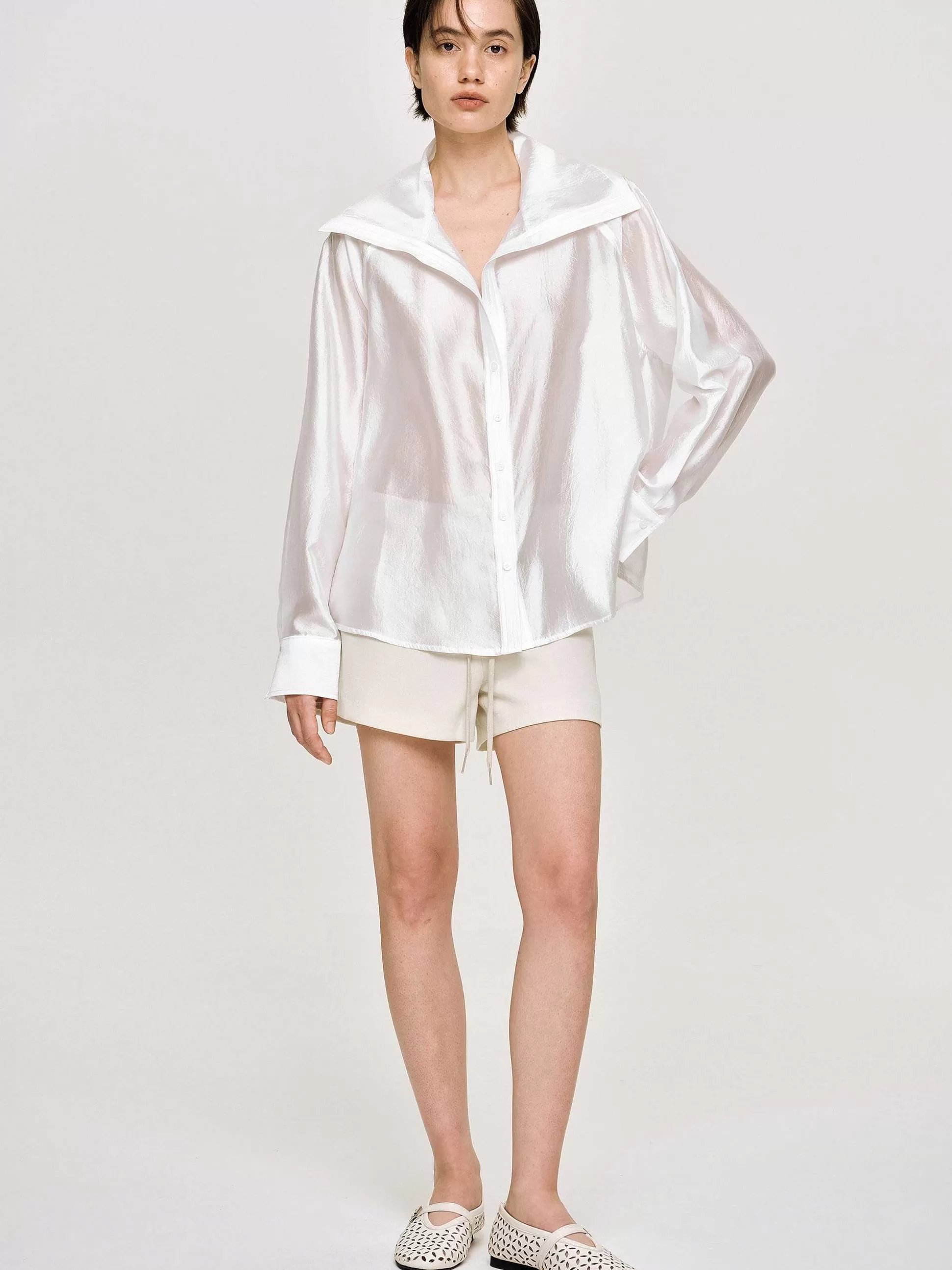 Women Source Unknown Tops-Sailor Collar Sheer Shirt, White